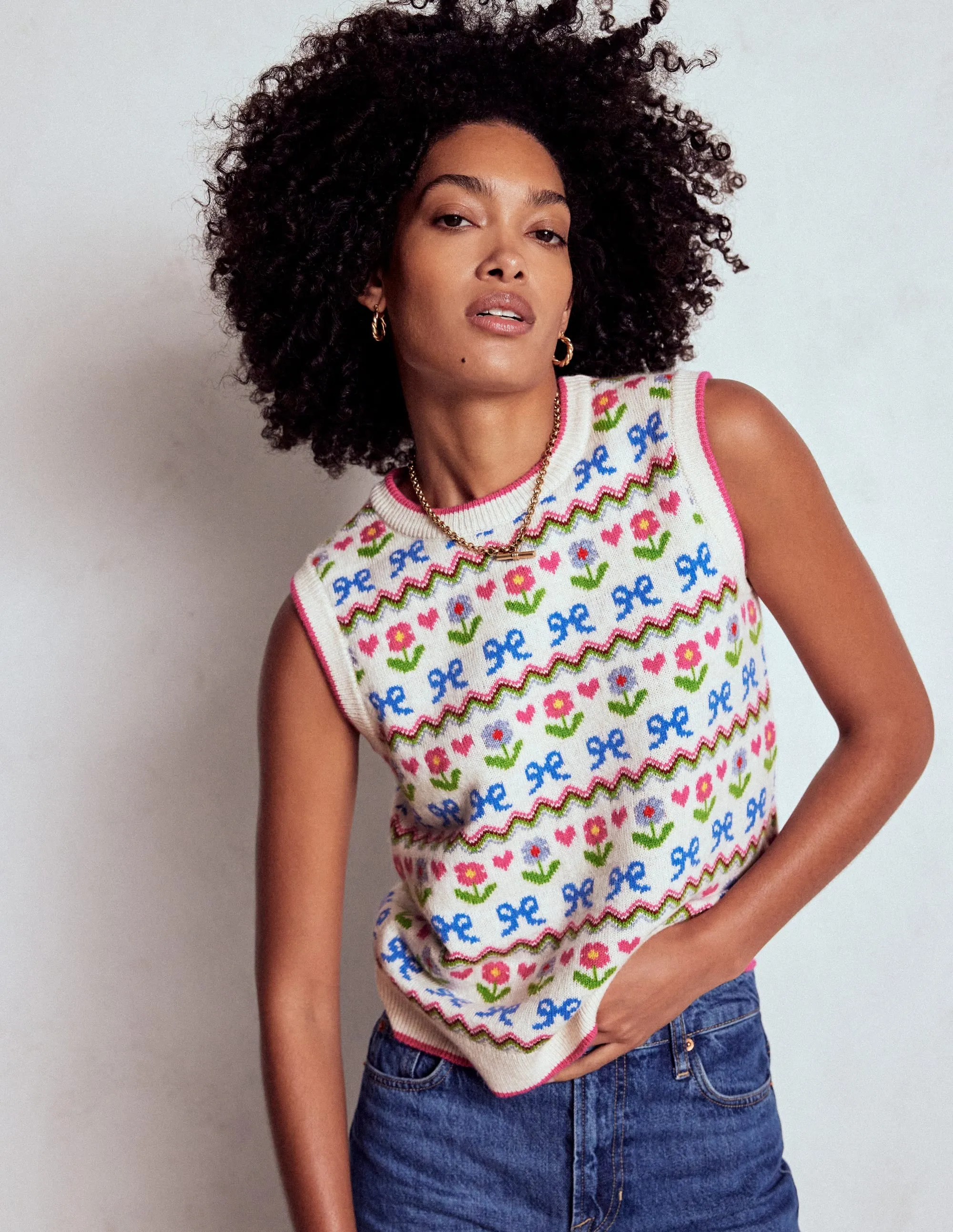 Edie Fair Isle Tank-Oatmeal Melange, Flowers Chill Proof PreShrunk Material