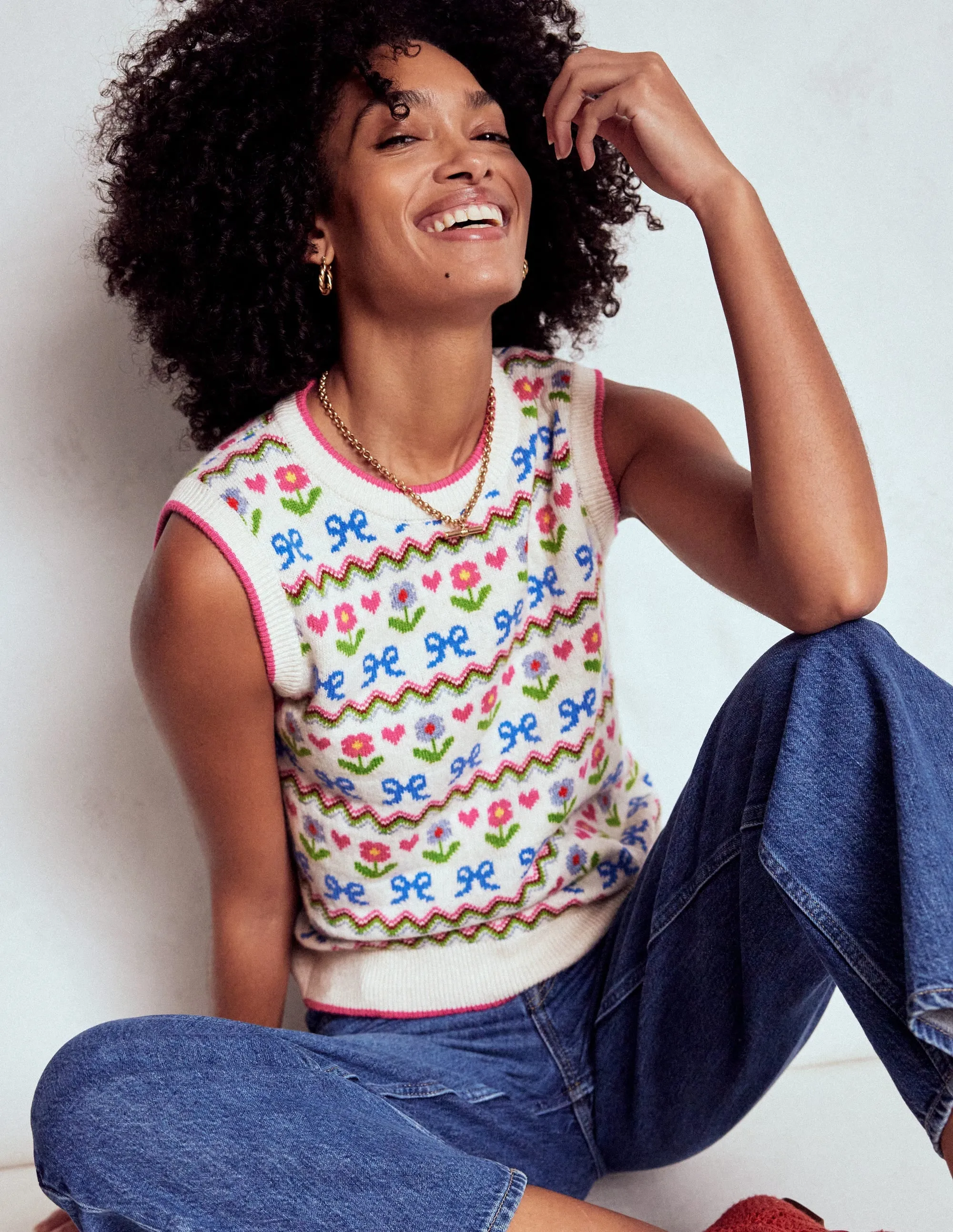 Hooded Neckline Option Everyday Neutral Edie Fair Isle Tank-Oatmeal Melange, Flowers