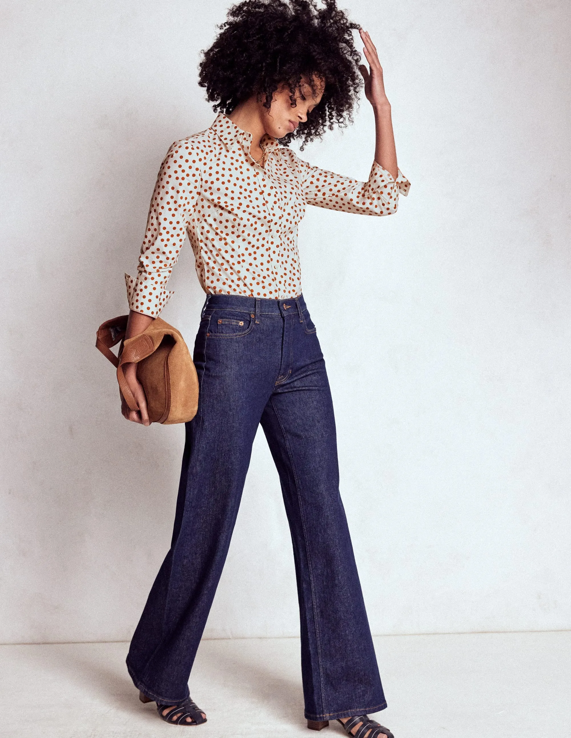 Saskia Stretch Cotton Shirt-Cognac, Painted Dot RibbedCuff