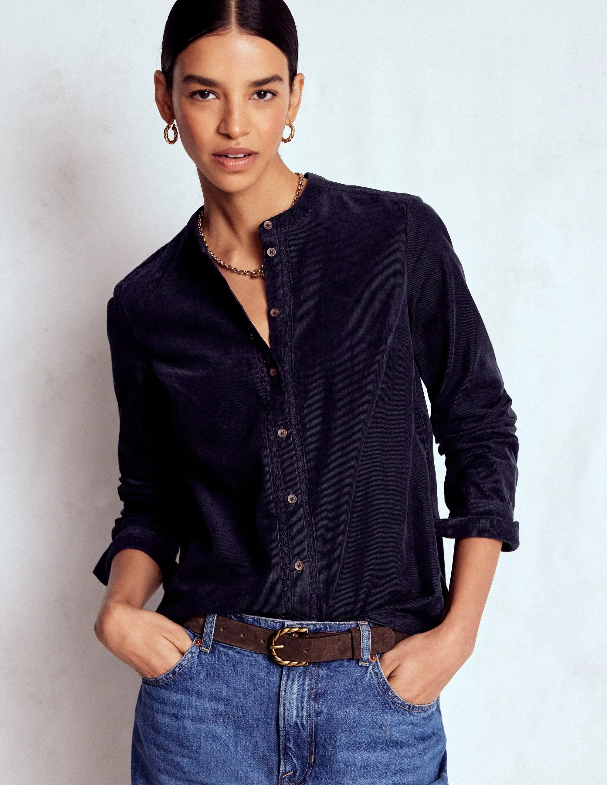 Victoria Cord Shirt-Navy Self Fabric Tie Closure VNeck Style