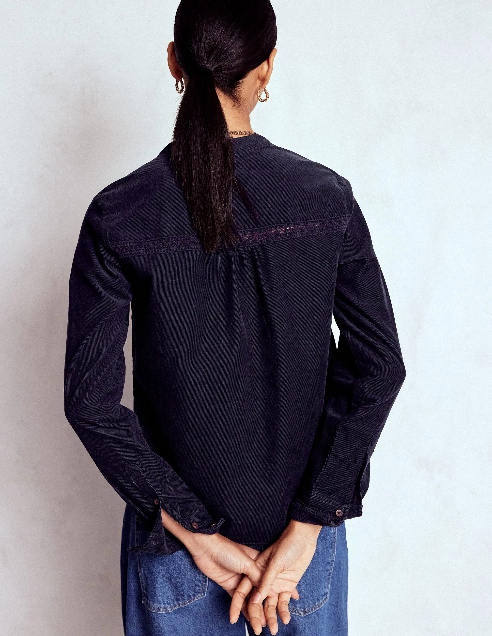 Victoria Cord Shirt-Navy DoubleLayered Collar Thermal Insulation Core