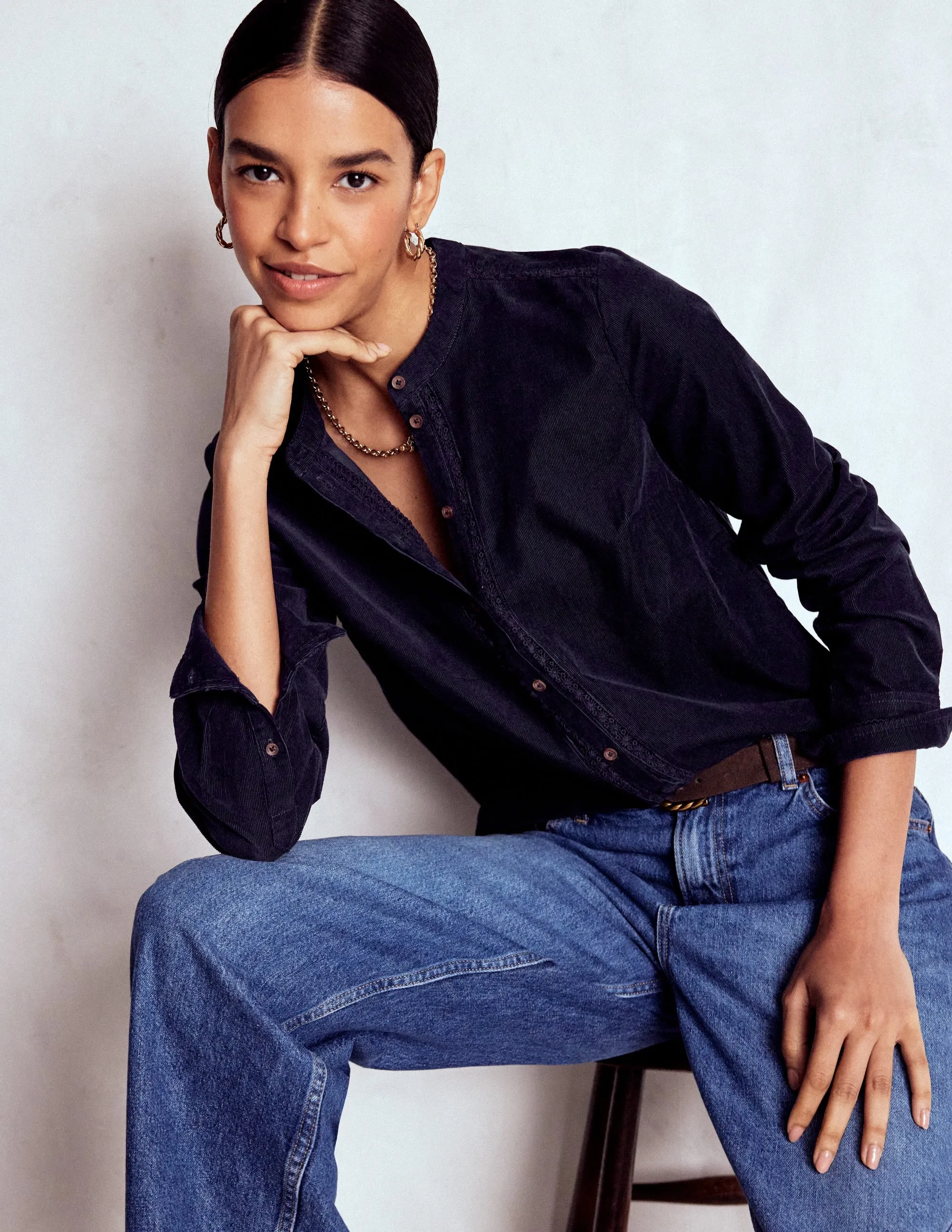 Victoria Cord Shirt-Navy Compact Weave Fabric