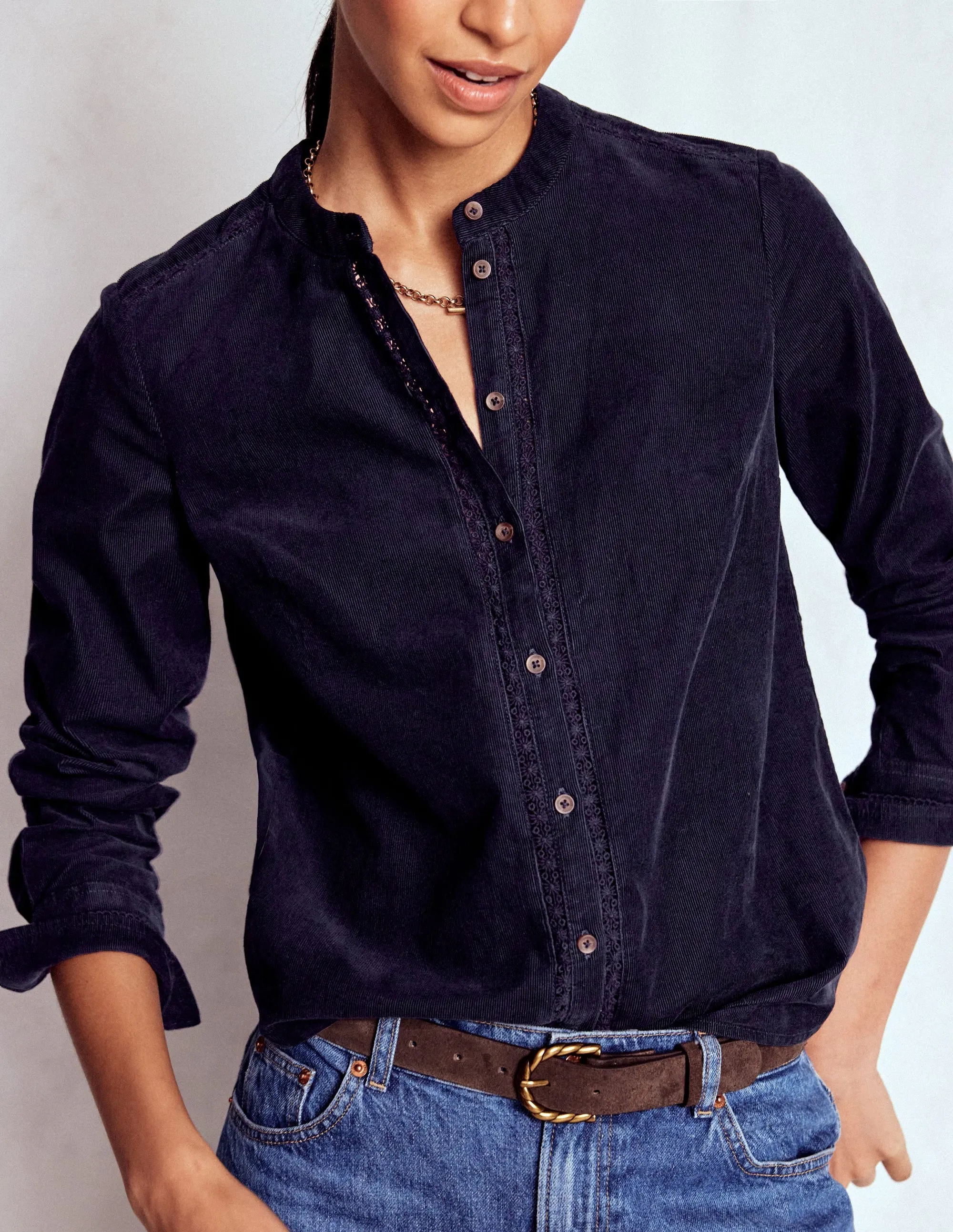 Victoria Cord Shirt-Navy Low Profile Zipper Closure