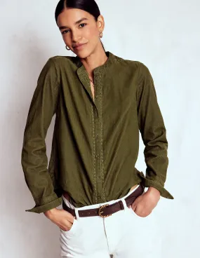 Tencel Lyocell Fiber Contrast Stitching Victoria Cord Shirt-Woodland Green