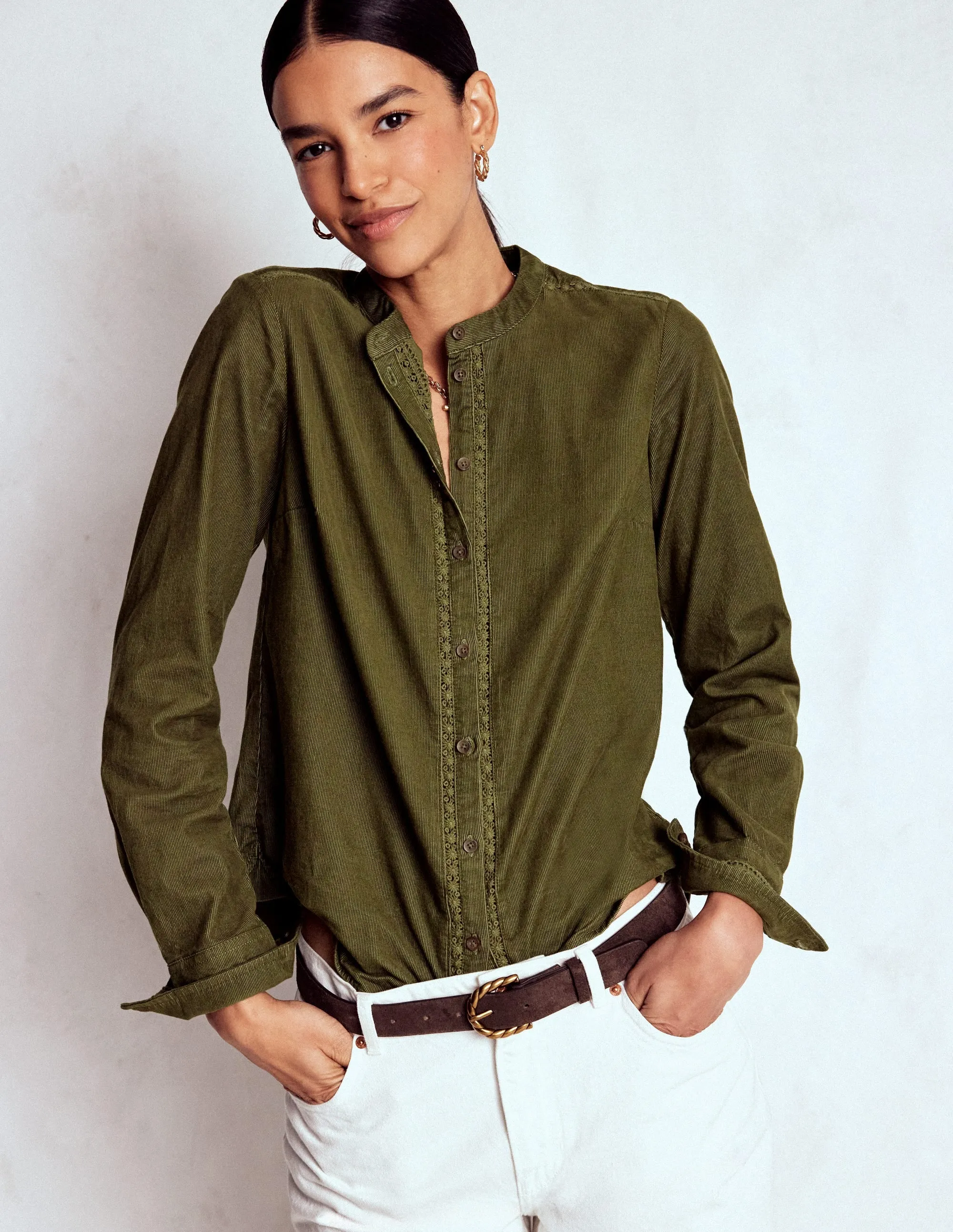 Tencel Lyocell Fiber Contrast Stitching Victoria Cord Shirt-Woodland Green