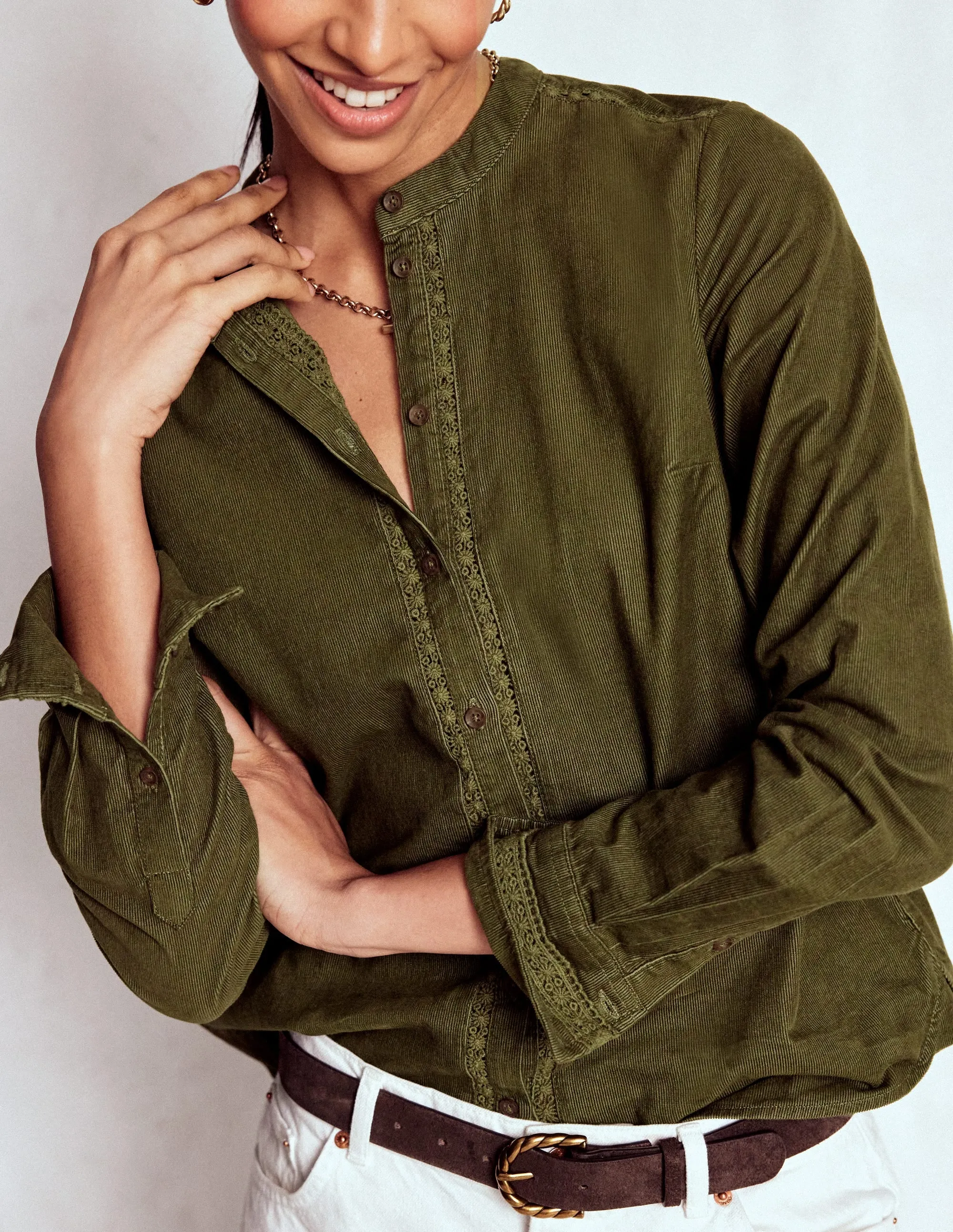 Tactile Soft Texture High Collar Option Victoria Cord Shirt-Woodland Green