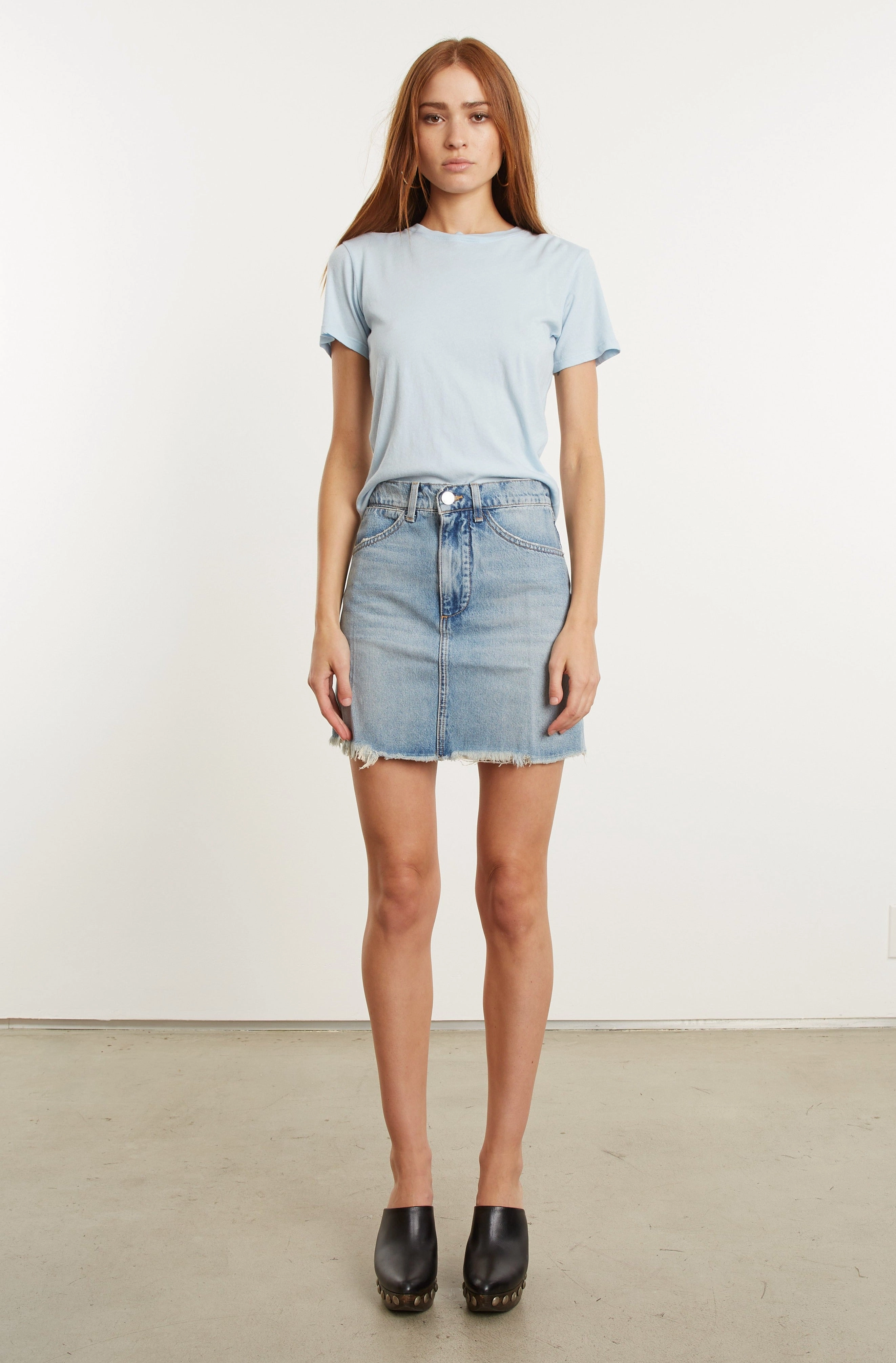 Contoured Side Panels HighNeckCut Victoria Denim 5 Pocket Skirt