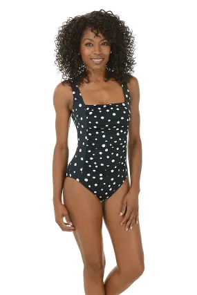 HighDensity Knit RibbedTrim Vintage Dots Square Neck Princess Seam Swimsuit