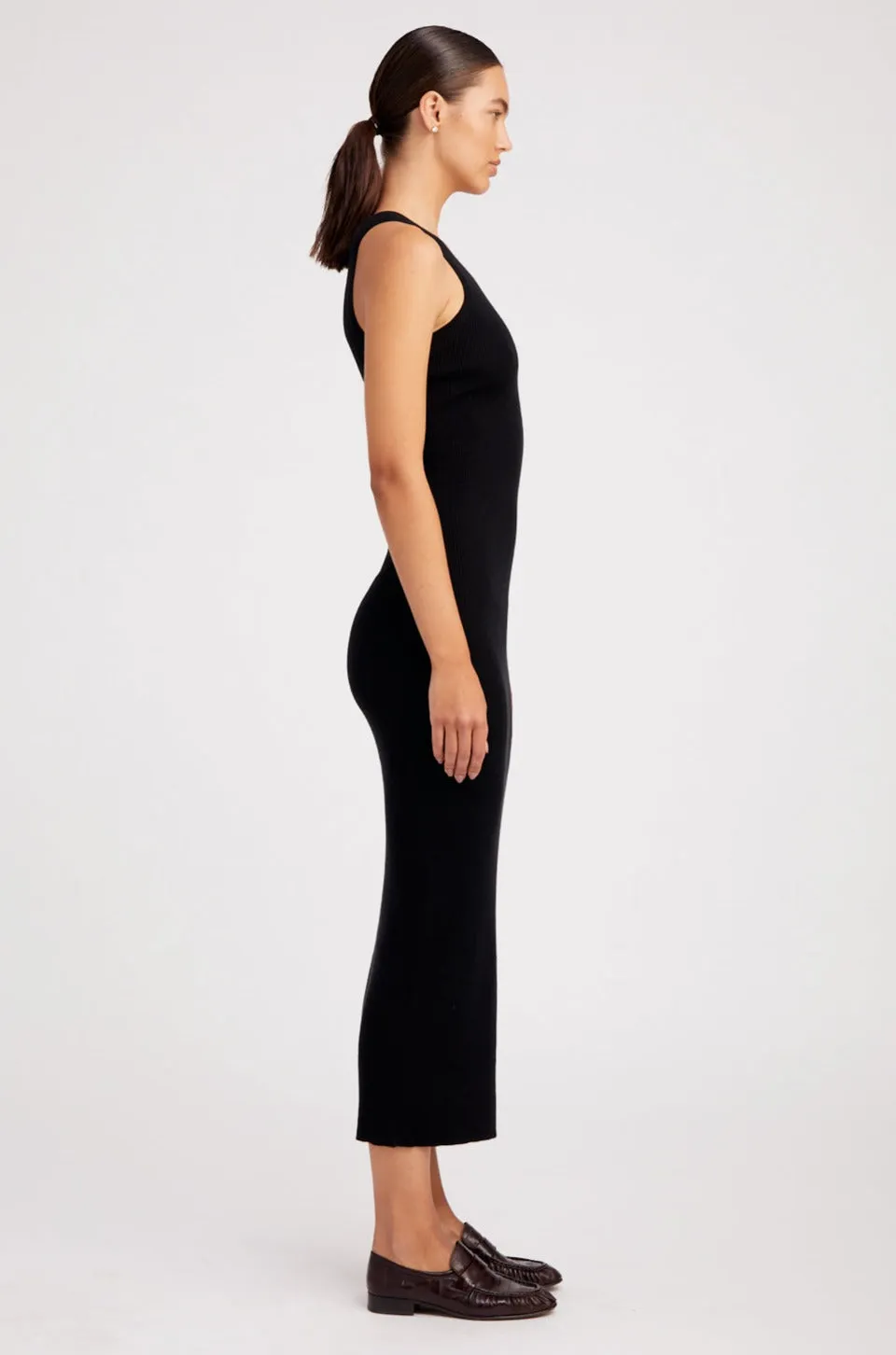 Black Ultra Fine Cashmere Racer Tank Dress Tension Balanced Design Flexible Ribbing