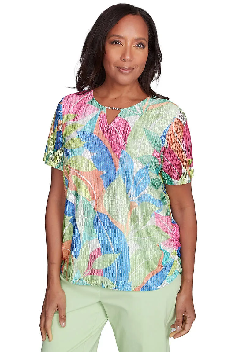 Parrot Cay Tropical Mesh Top Contrast Stitch