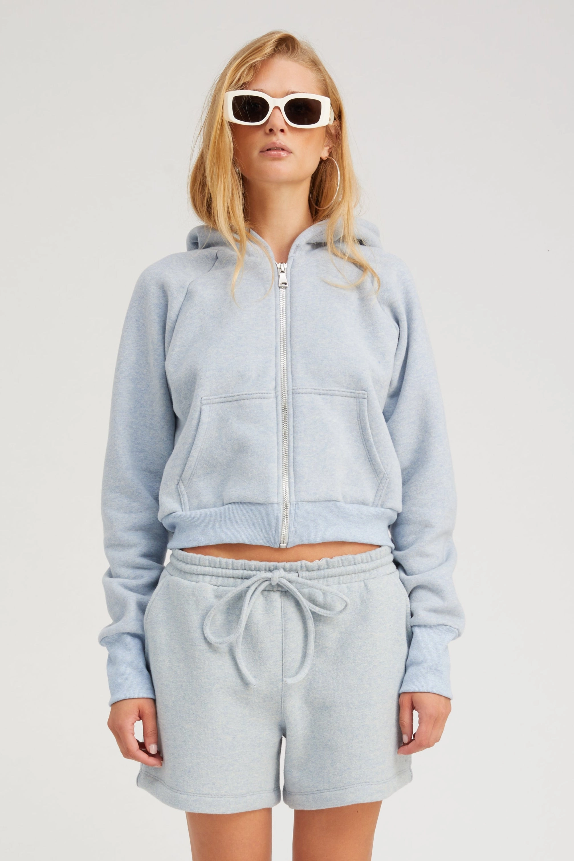 Ice Blue Melange Shrunken Zip Up Hoodie ReflectiveDetails