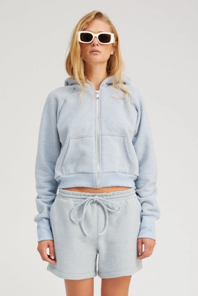 Ice Blue Melange Shrunken Zip Up Hoodie Office Attire