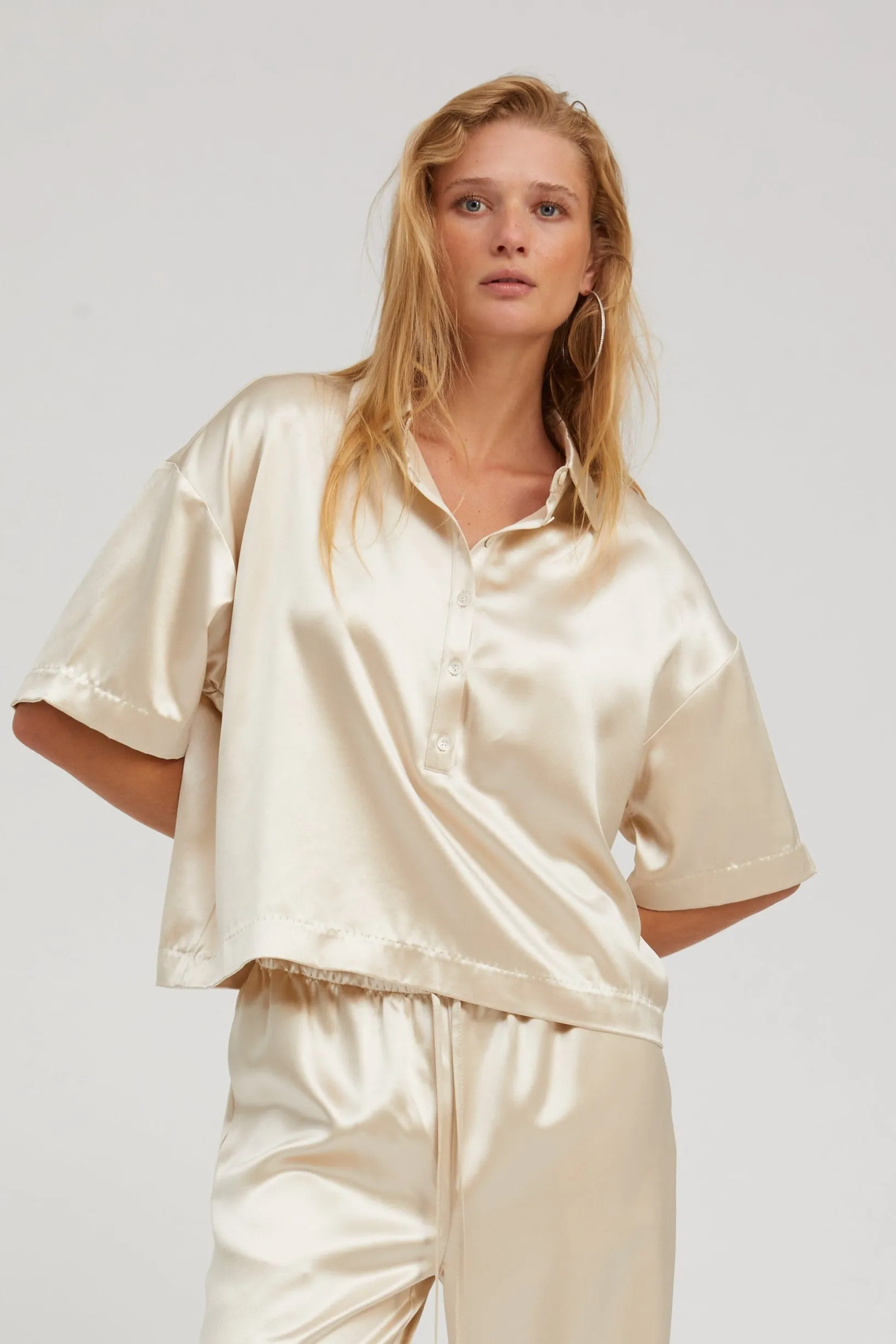 Champagne Silk Polo Minimalist Silhouette Cut YarnDyeStripe