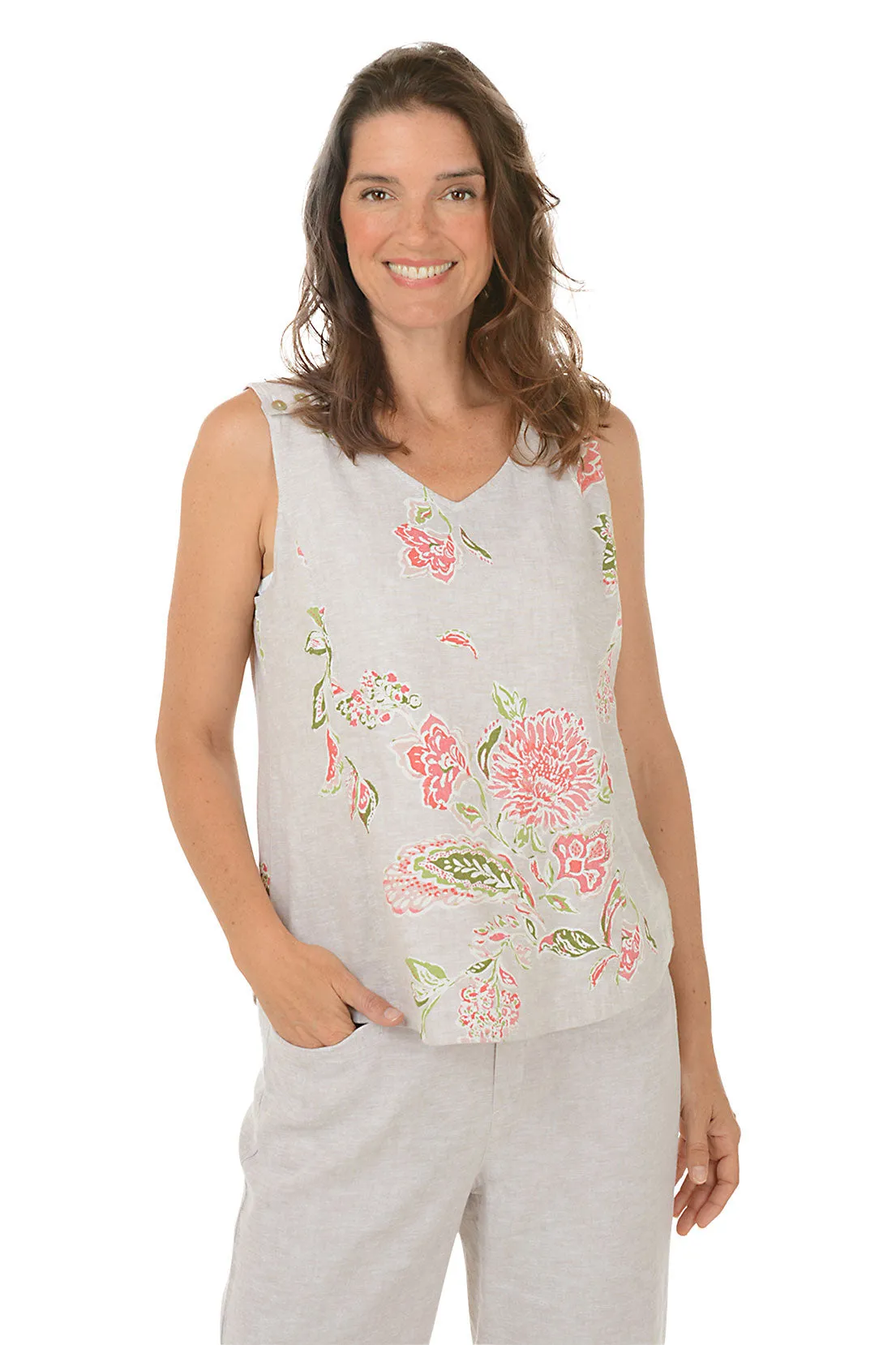 LightweightConstruction Floral Triple Button Strap Linen-Blend Tank