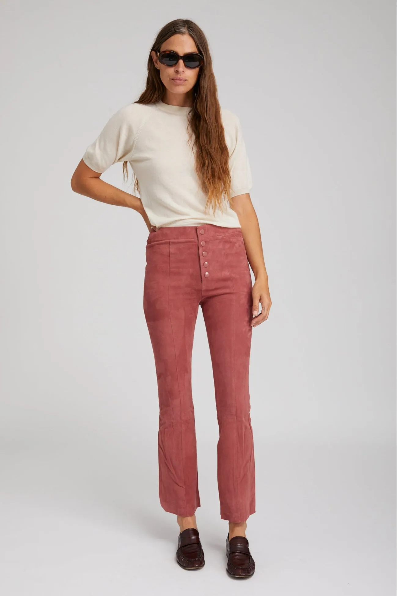 Mauve Suede Front Snap Ankle Flare Leggings AllDayComfort