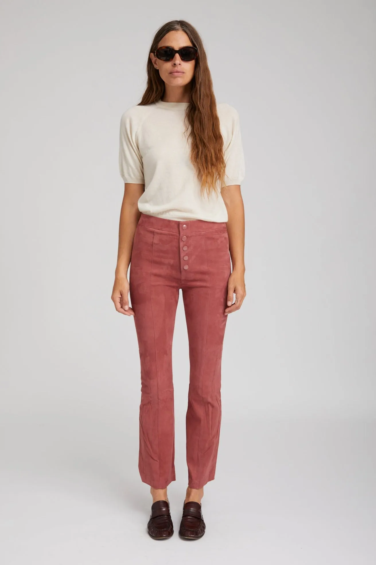 Mauve Suede Front Snap Ankle Flare Leggings Tailored Wear Lightweight Fit