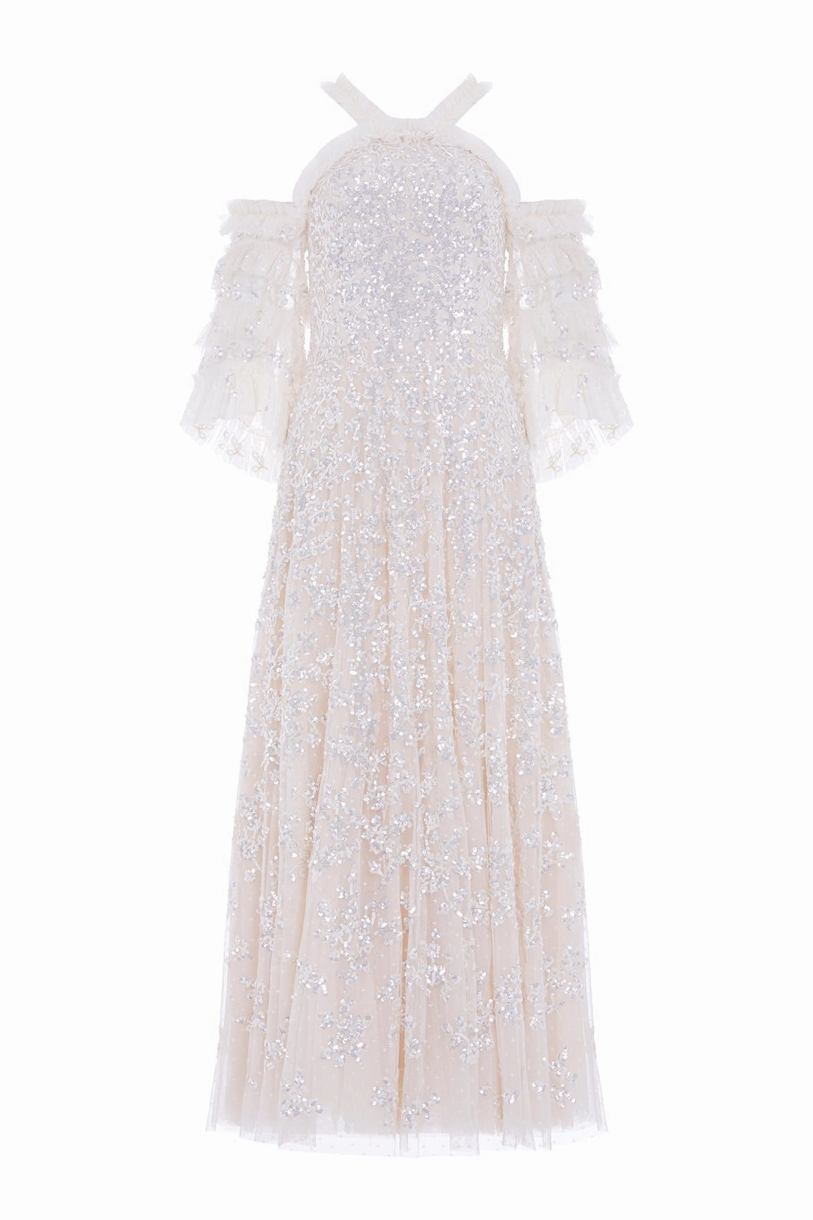 Texture Edge Bold Cut Floral Lace Off-Shoulder Ankle Gown