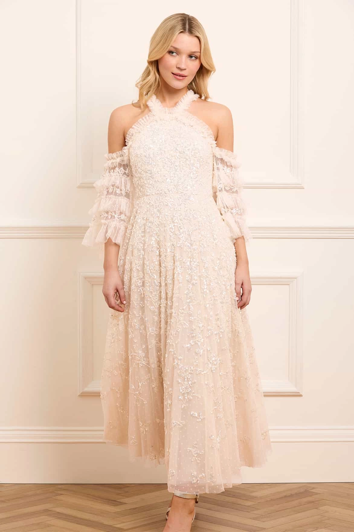 Silky Silhouette Vintage-Inspired Floral Lace Off-Shoulder Ankle Gown
