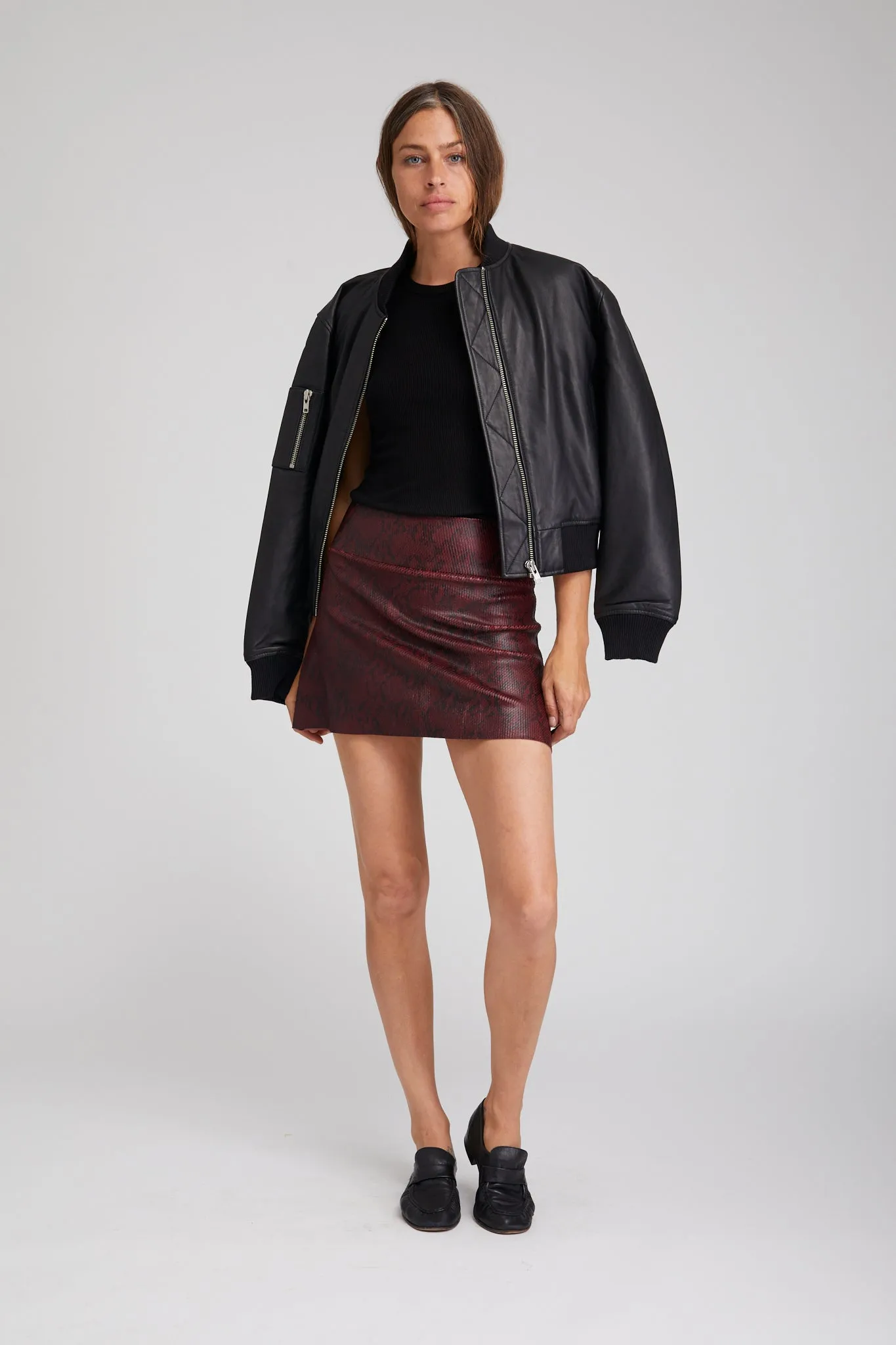 Subtle Look Bordeaux A-Line Leather Snake Print Skirt