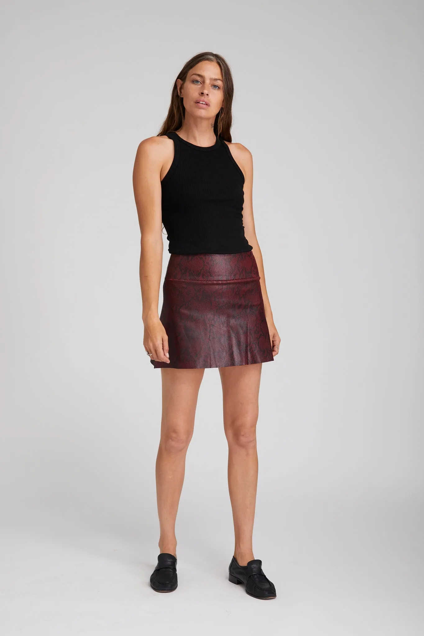 Bordeaux A-Line Leather Snake Print Skirt Texture Play