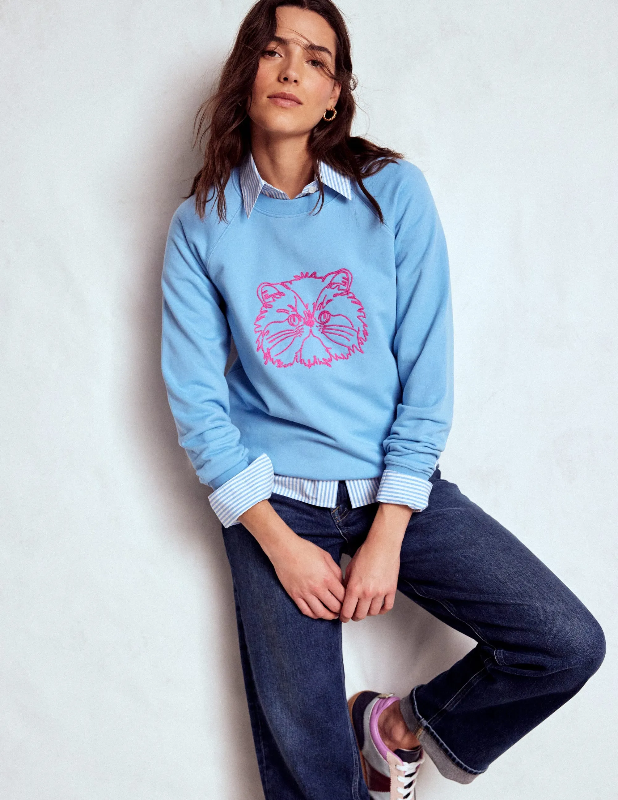 Comfortable Style DroppedShoulder Rosa Embroidered Sweatshirt-Grumpy Cat