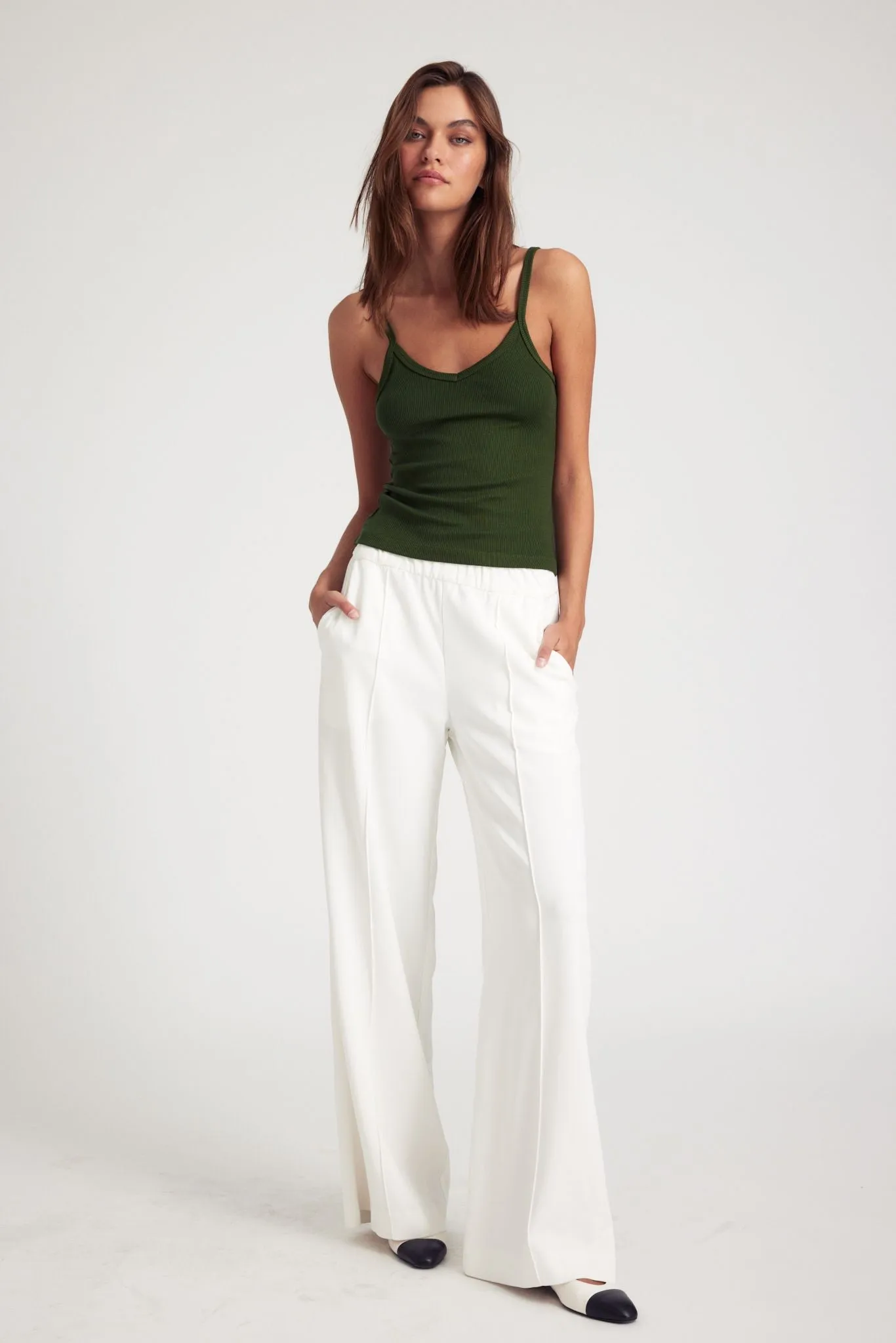 White Crepe Wide Leg Pintuck Trousers Minimal Waistband