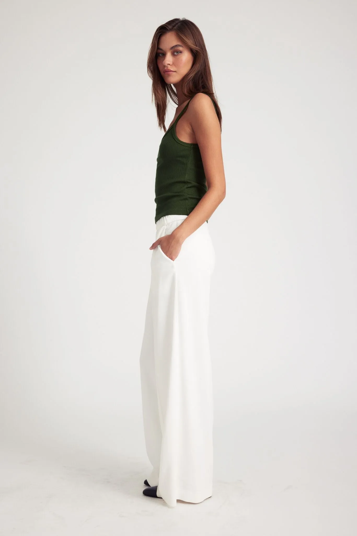 Flexible Comfort Wear Flexible Gusset Design White Crepe Wide Leg Pintuck Trousers