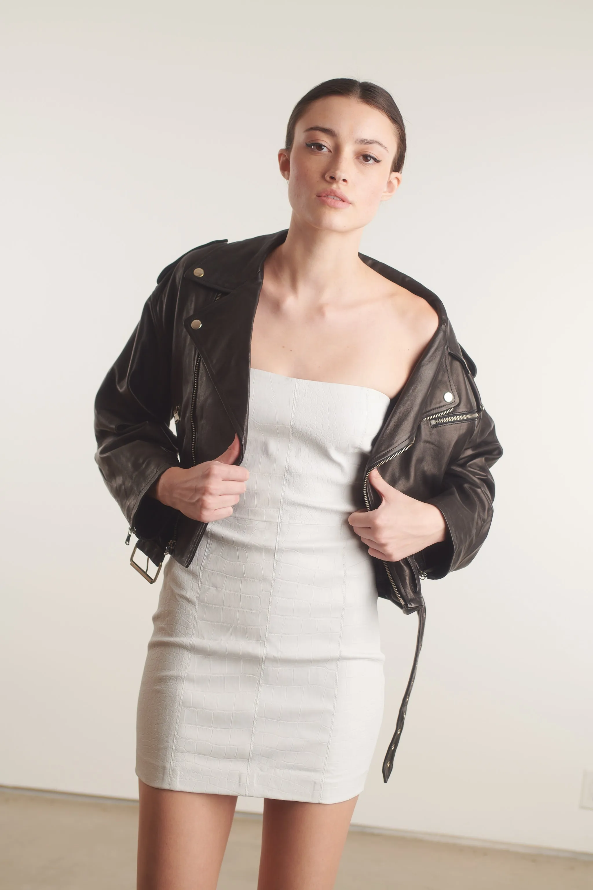 White Croc Embossed Leather Strapless Dress Relaxed Style Wear