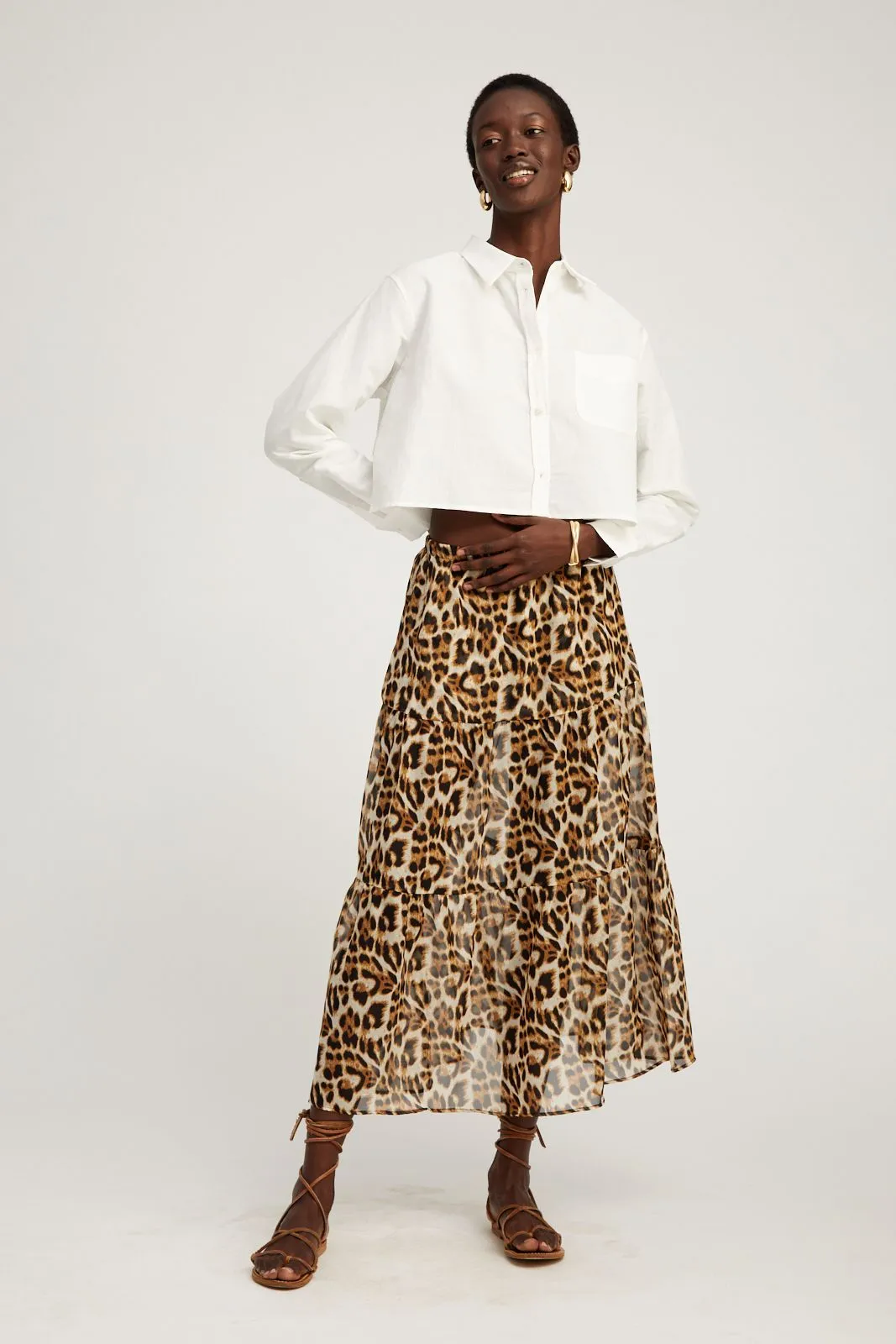 White Linen Cropped Button Down Self Fabric Tie