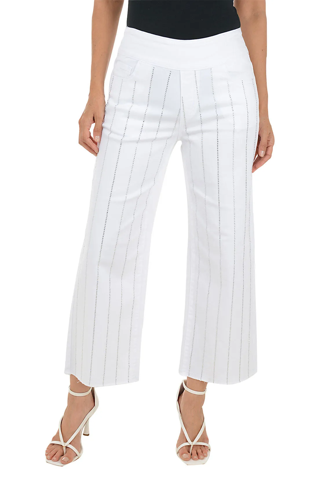 White Rhinestone Striped Wide Leg Denim Pant Eco Friendly Material