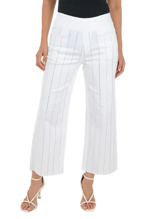 White Rhinestone Striped Wide Leg Denim Pant Flattering Cut Flexible Knee Panels
