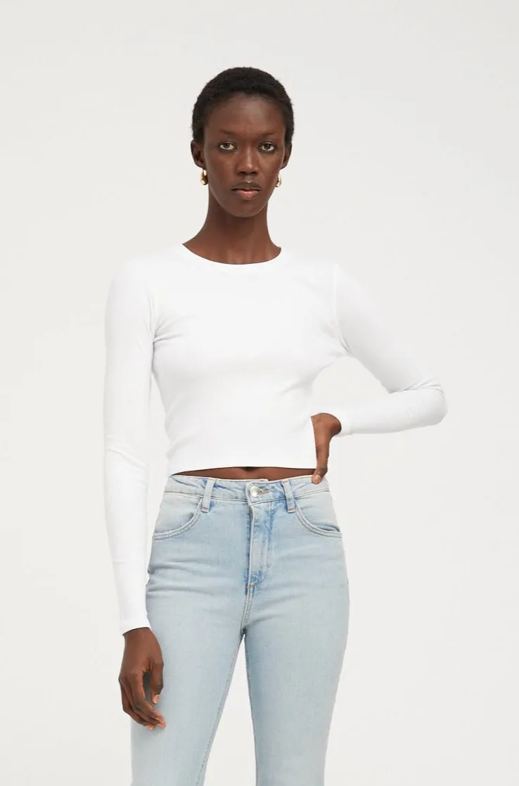 WeightedHem Comfortable Cut White Rib Cropped Long Sleeve Baby Tee