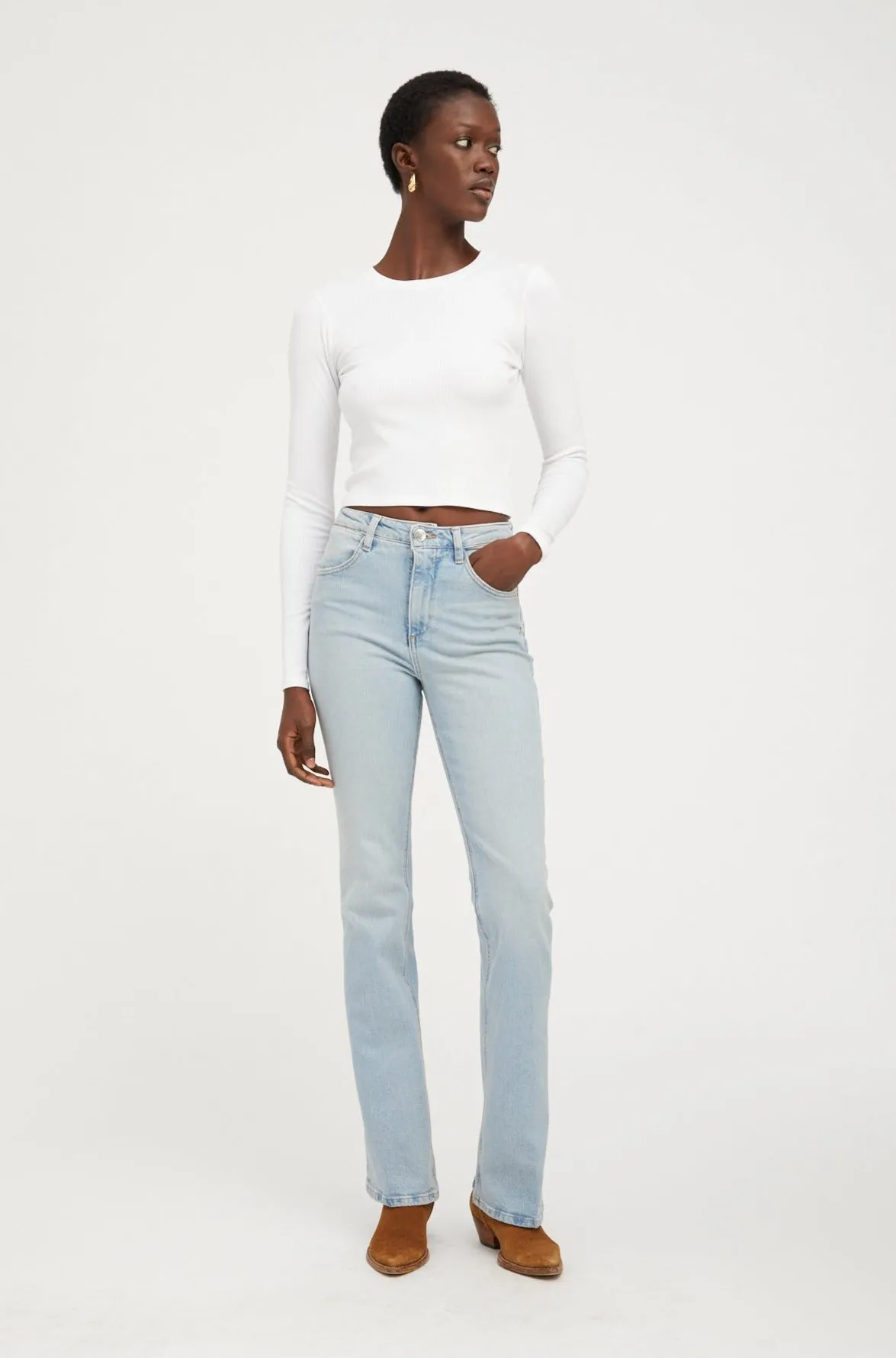 Slim Fit Shirt White Rib Cropped Long Sleeve Baby Tee