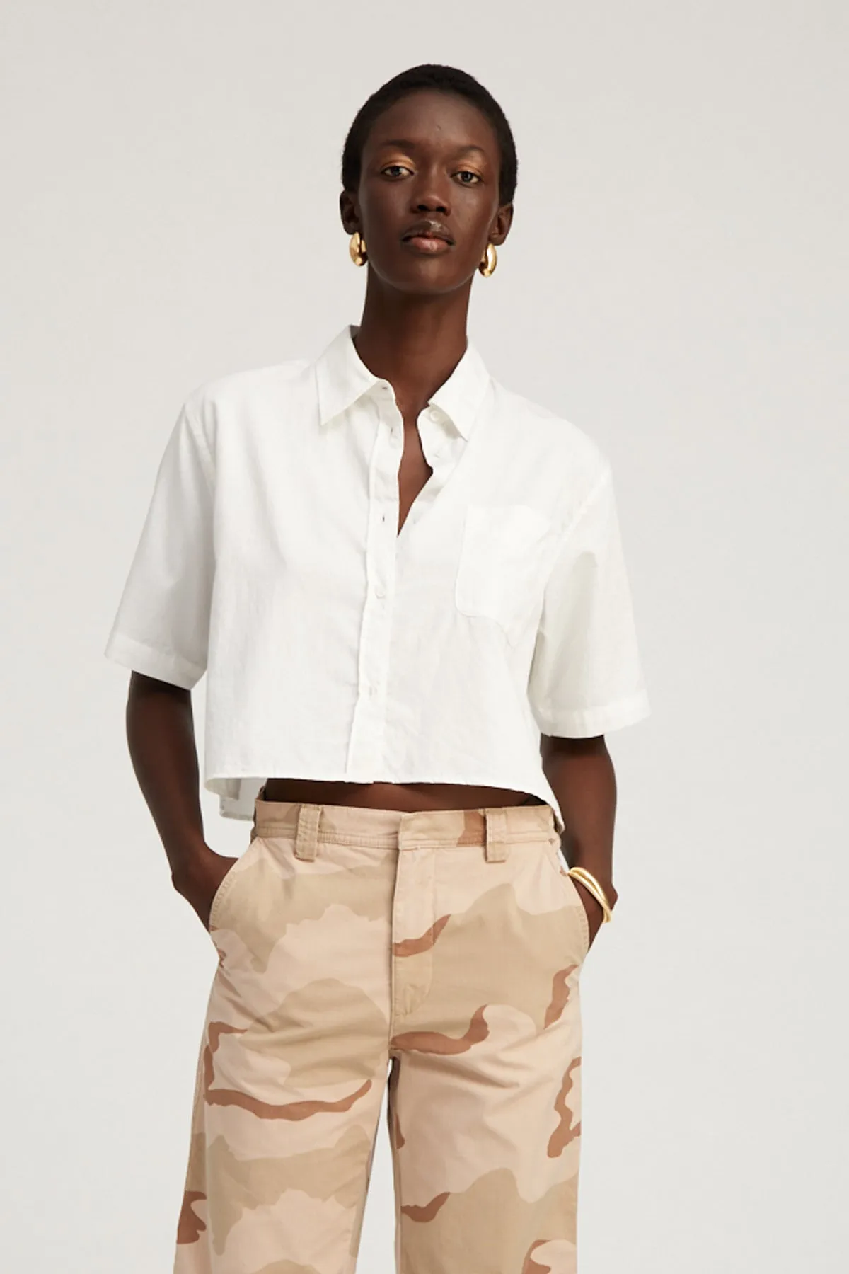 White Short Sleeve Cropped Button Down MultiPurposeUtility Slim Fit Design
