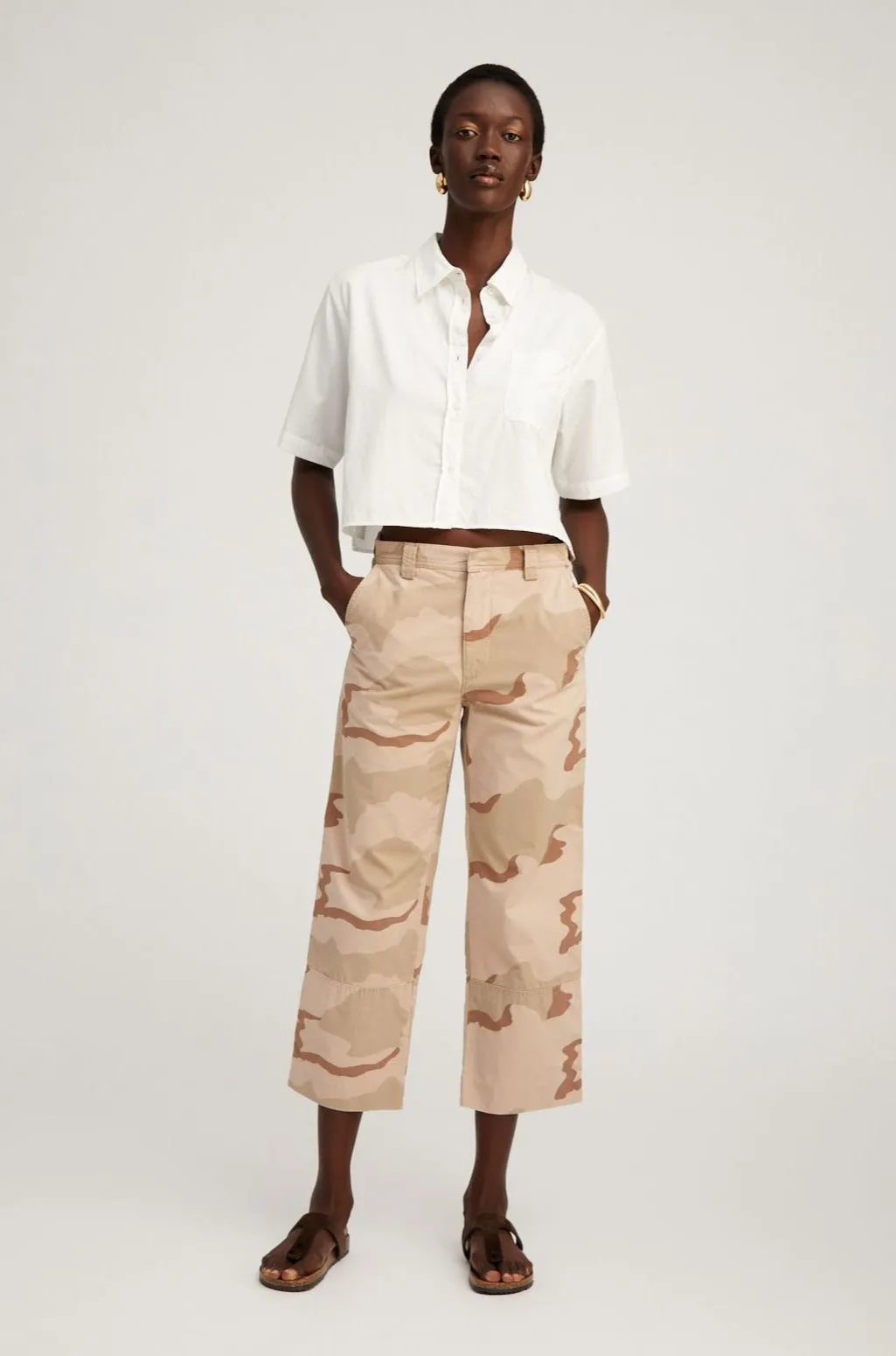 White Short Sleeve Cropped Button Down AntiPillingSurface