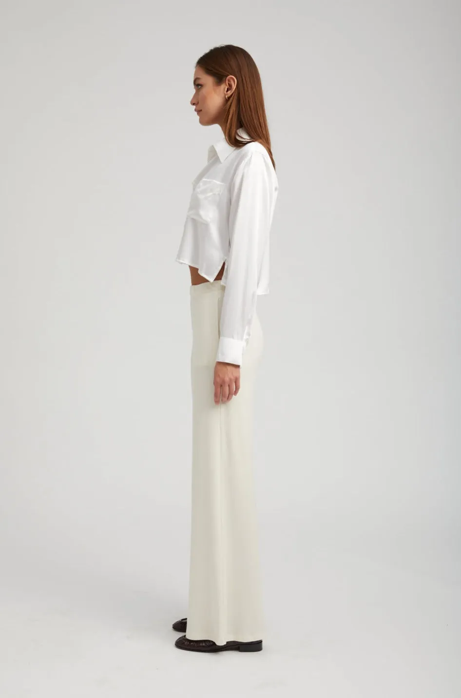White Silk Cropped Button Down NonRestrictiveCollar