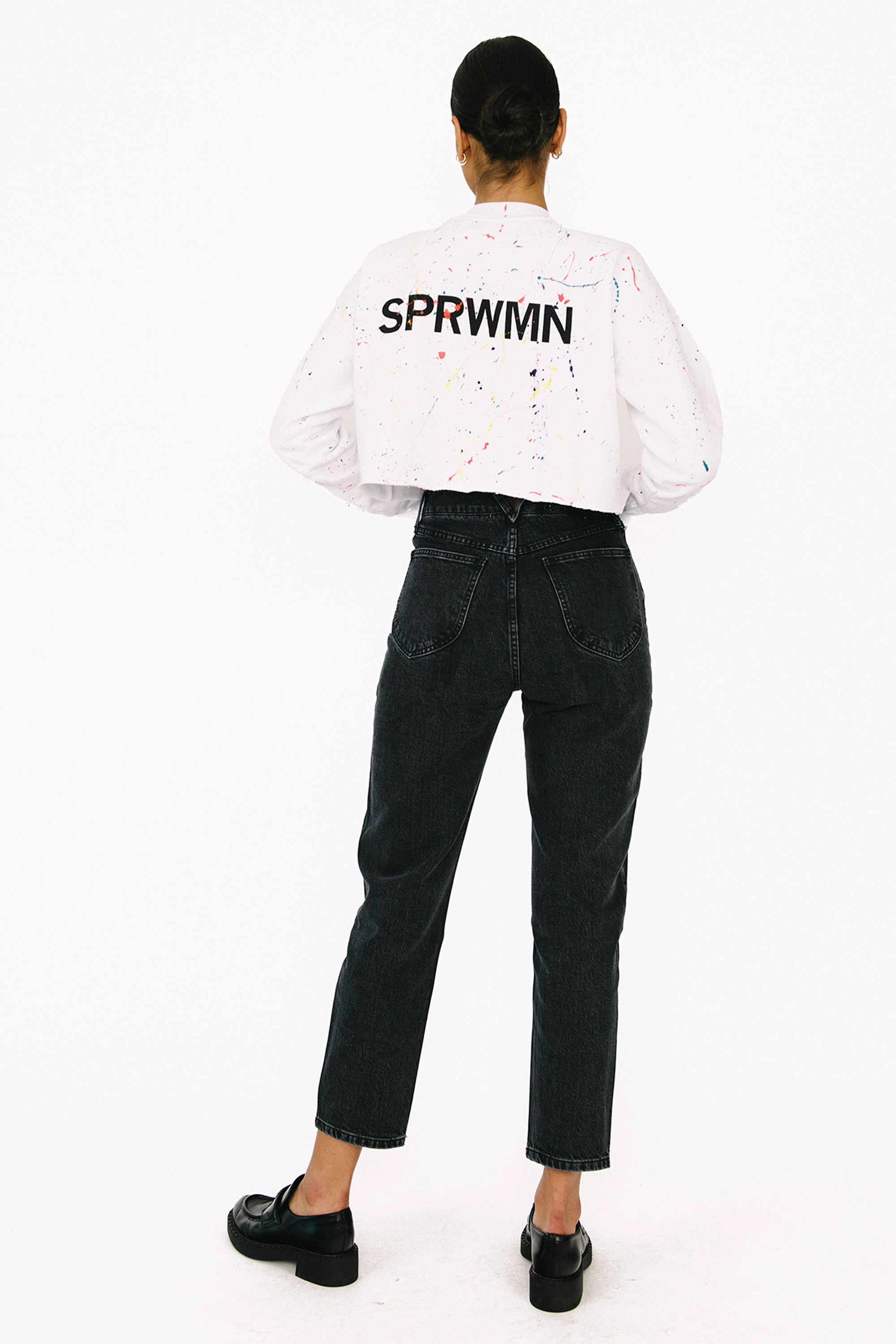 White Paint Splatter Crop Sweatshirt Ethically Sourced Yarn
