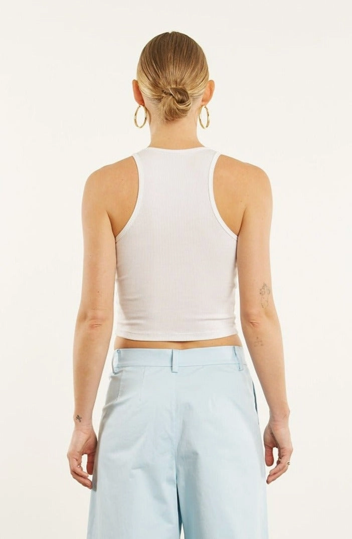 Reinforced Shoulder Fashion Statement White Rib Cropped Tank