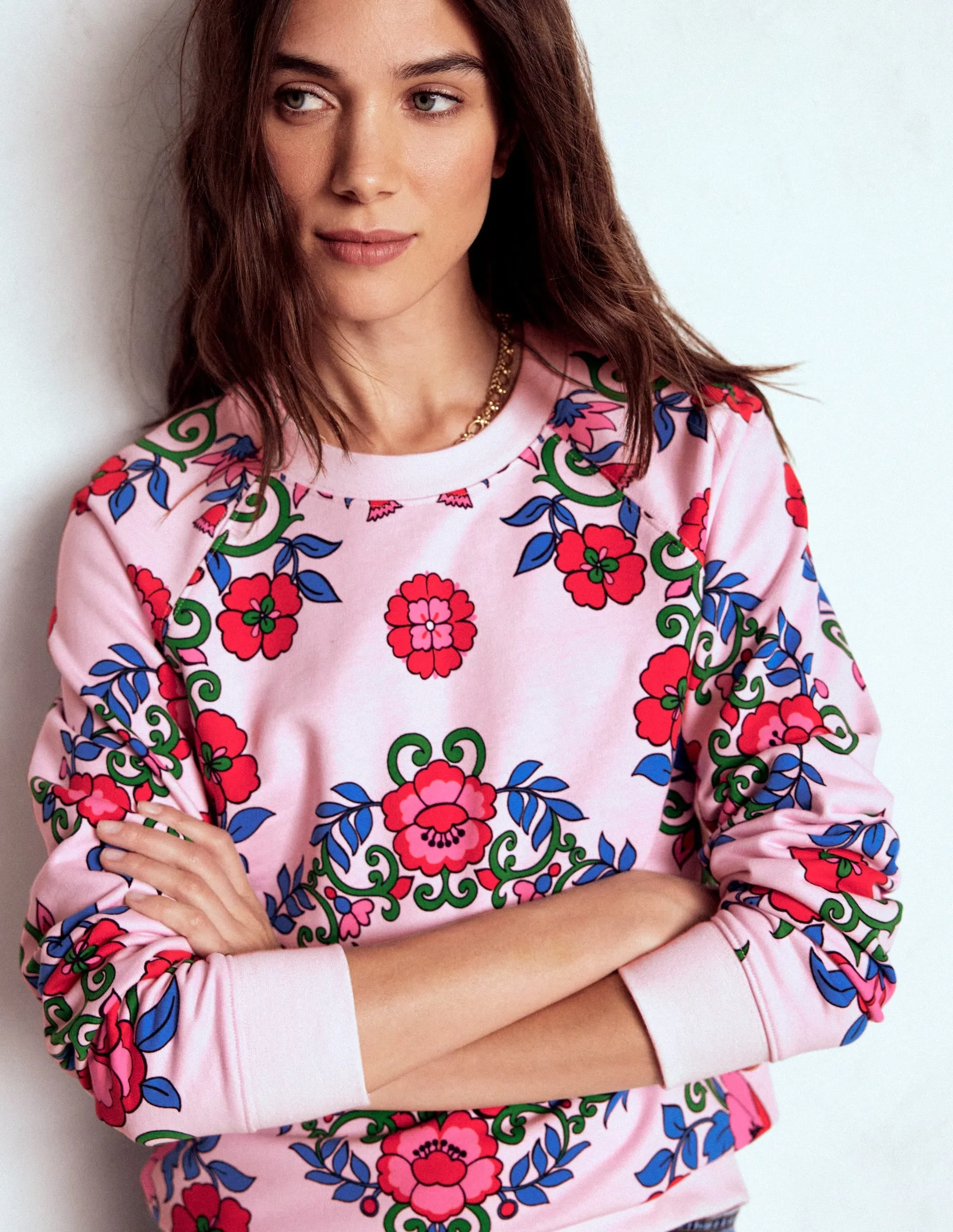 Rosa Printed Sweatshirt-Pink, Ornamental Lattice HighCollar Design