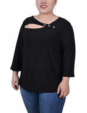 Plus Size 3/4 Sleeve Cutout Top Office Attire Airflow Mesh Panel
