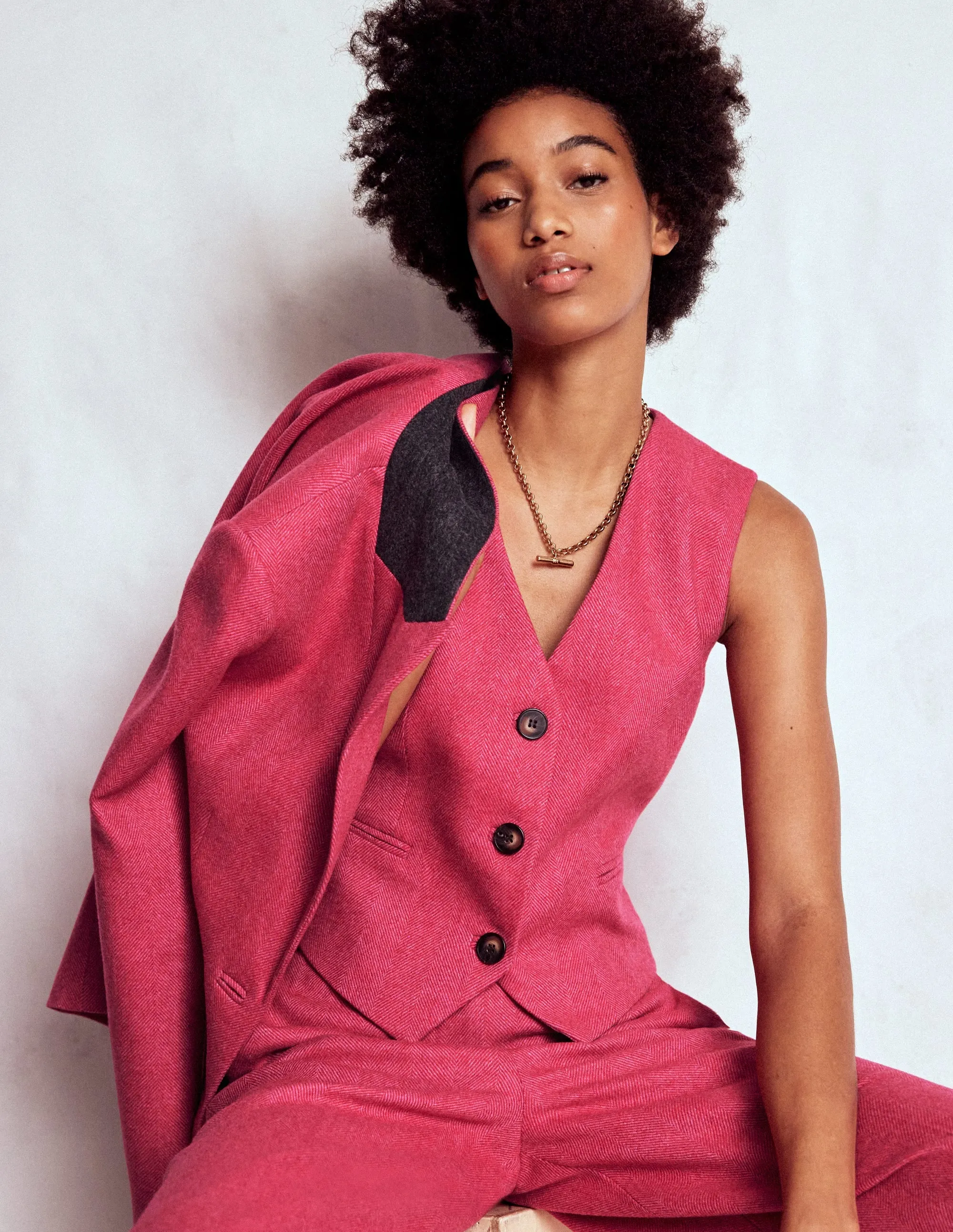 Wool Herringbone Waistcoat-Pink Herringbone High Density Weave Tear Resistant