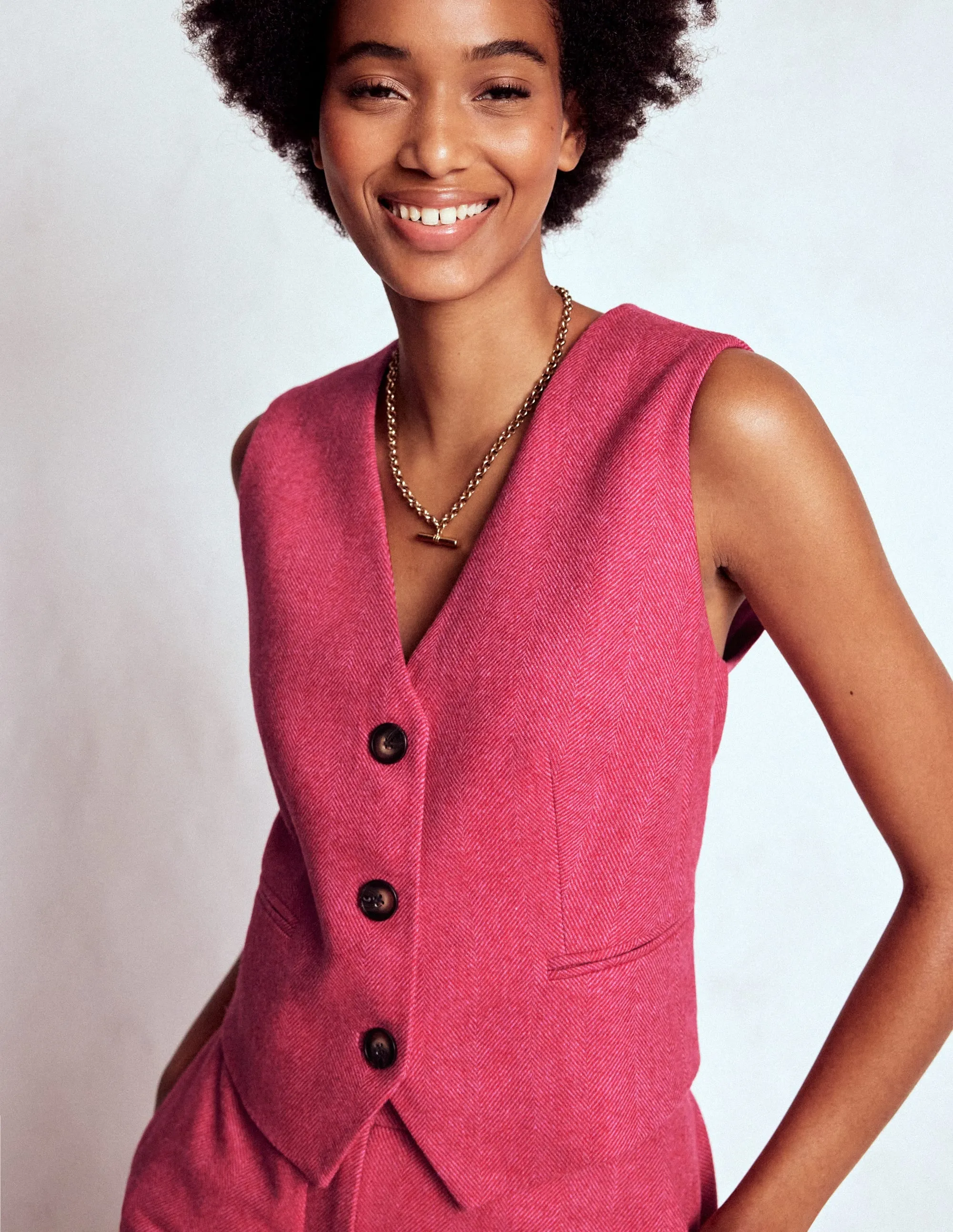 snap closure Sleek Outer Wool Herringbone Waistcoat-Pink Herringbone