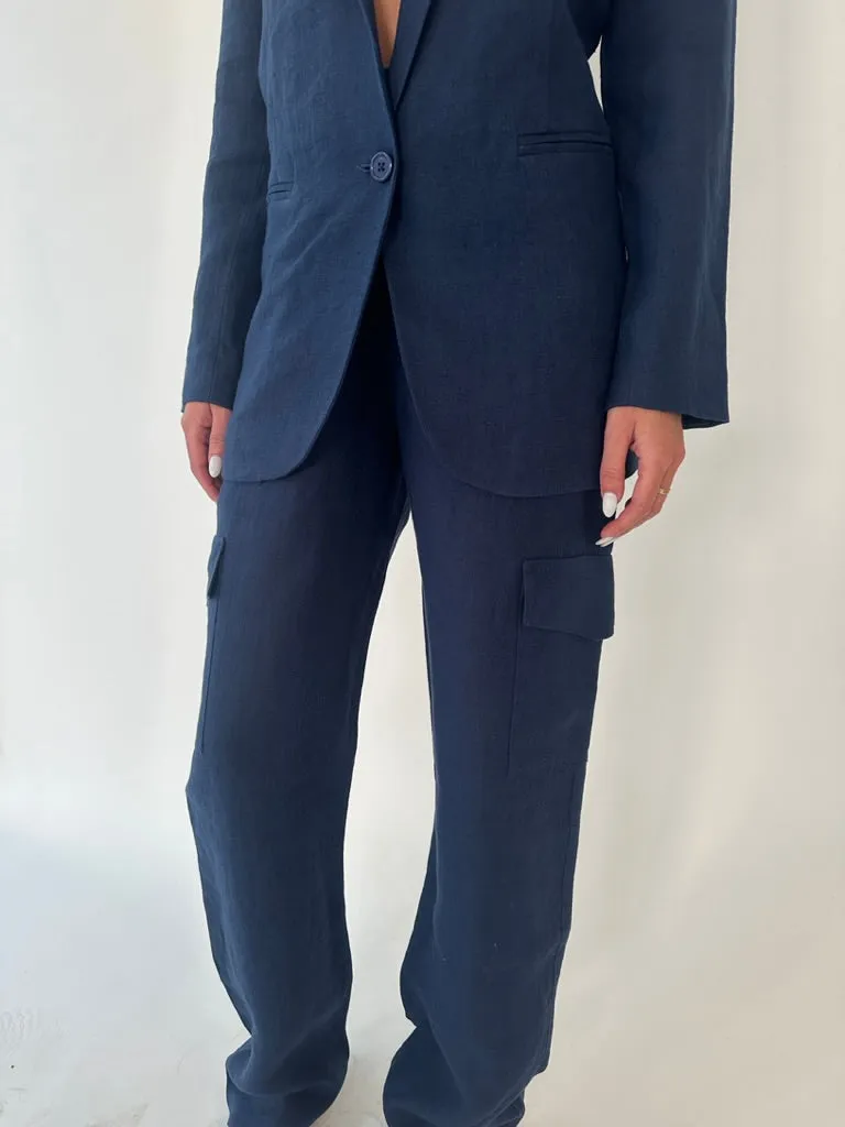 Chilly Weather Wear Recycled Polyester Blend Navy Linen Cargo Pants