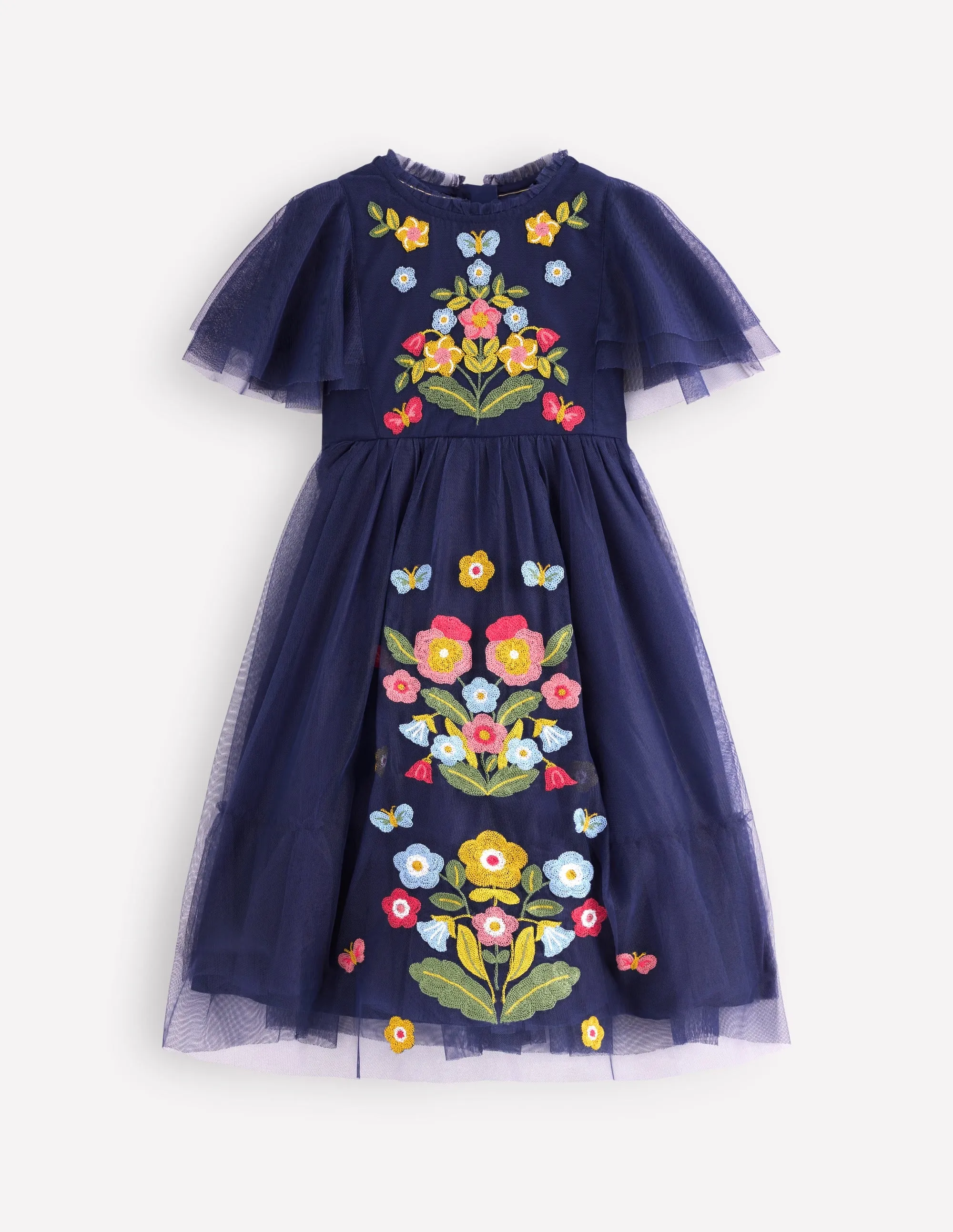 Skin Touch V-Neck Embroidered Tulle Dress-College Navy