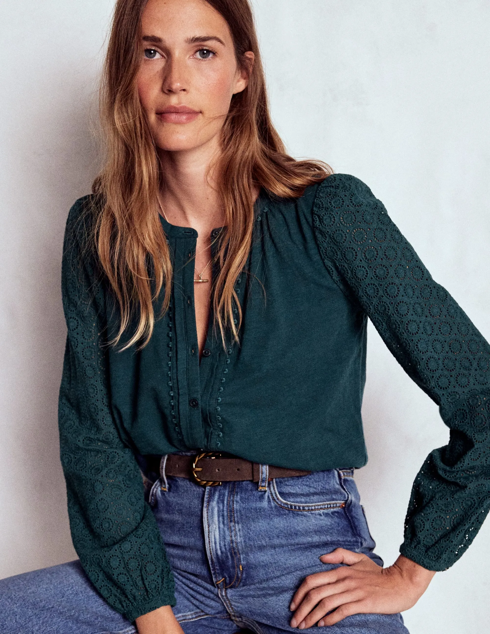 Garment Washed Softness CollapsibleFrame Eden Broderie Jersey Shirt-Midnight Teal