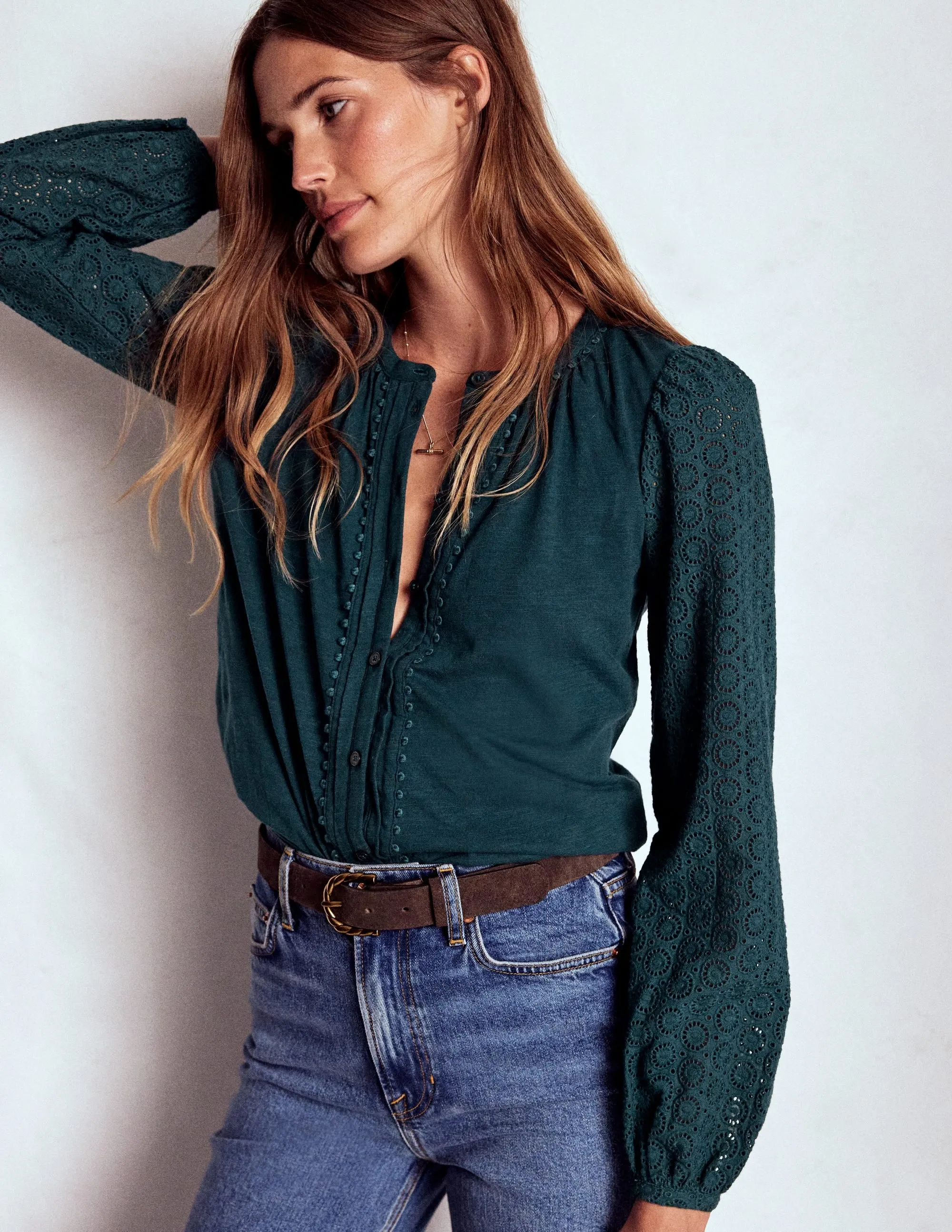 AthleticInspired Reversible design Eden Broderie Jersey Shirt-Midnight Teal