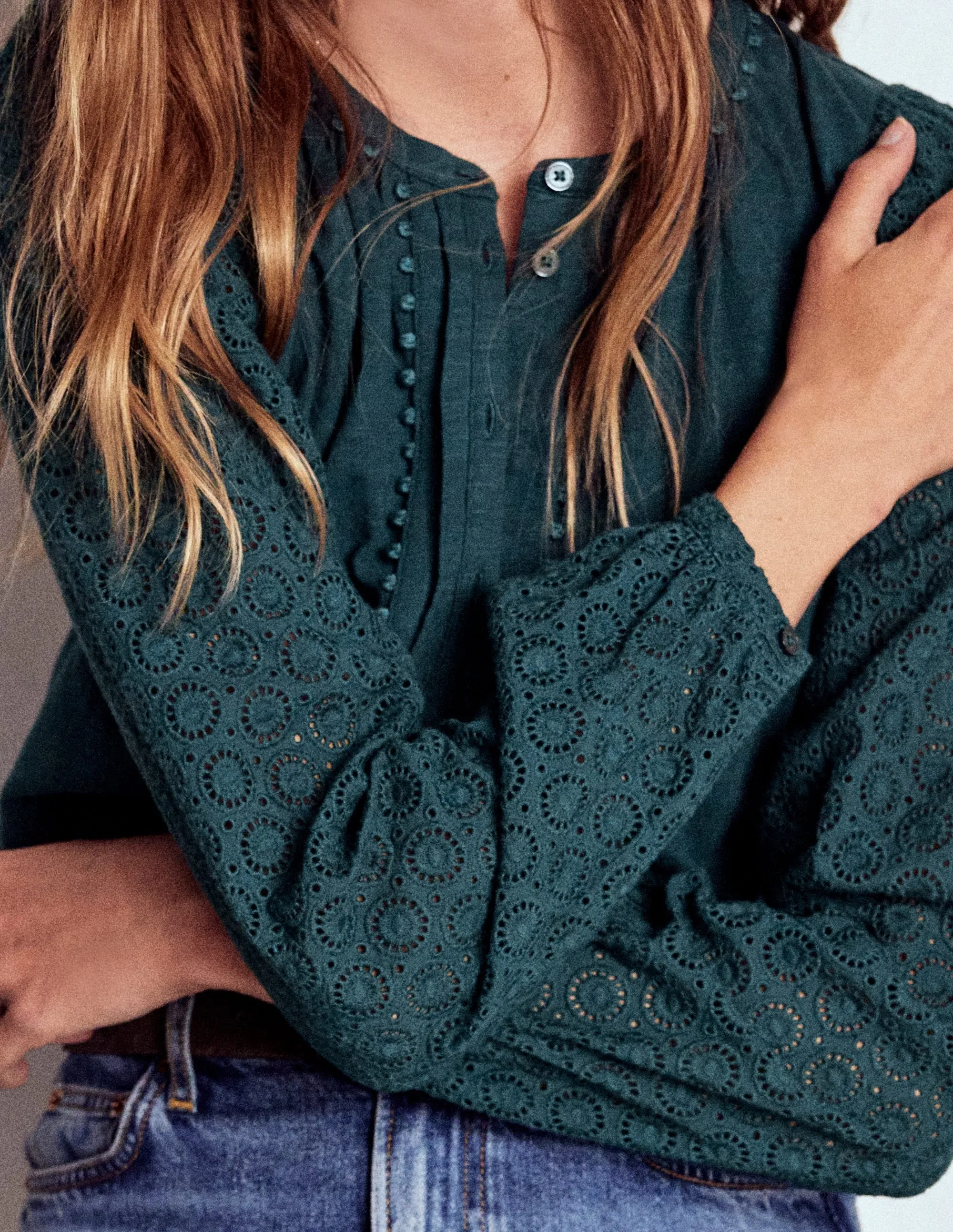 Eden Broderie Jersey Shirt-Midnight Teal BuiltInLayer AntiStatic Material