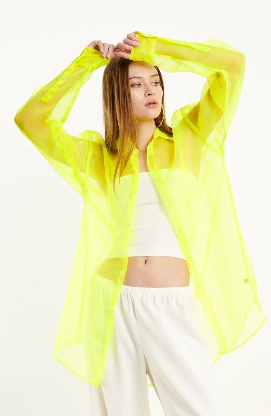 Quick Release Buttons Neon Silk Organza Oversized Shirt