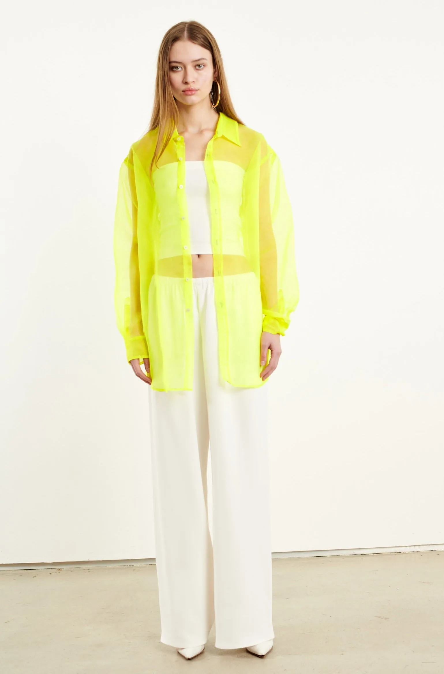 Neon Silk Organza Oversized Shirt Midweight Texture Layered Panel Construction