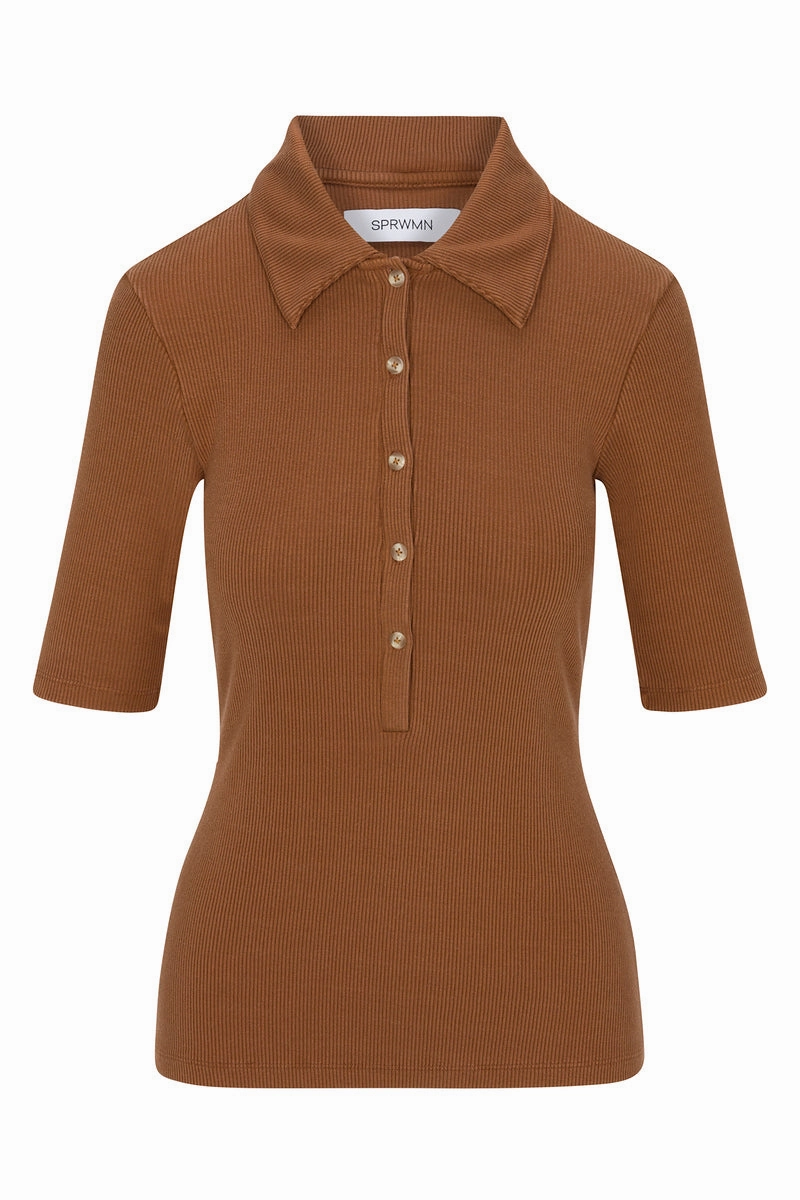 Modern Design BreathableMeshInsert Chestnut Rib Mid Sleeve Polo Top